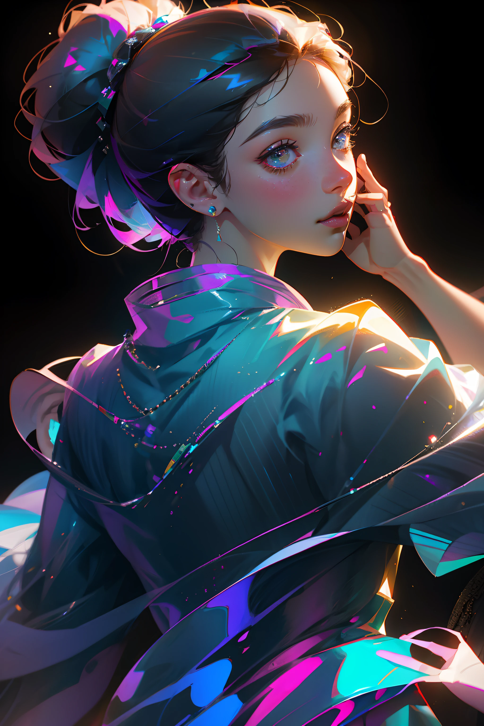 Highest quality,The perfect masterpiece,Perfect artwork,8K,
(Upper Body Portrait:1.5),(((Seen from behind:1.2))),close-up lens,Corpulent mature female smiling, yellow dark eyes, 
Purple-hair,(hakuhatsu:1.3), braids hair, bun hair, long hair, bun hair,(Black background:1.3),
pearl illusion,elegant ,fashion trend,3s material,high-definition,detail representation,c4d,3D,octane rendering,ray tracing,complex details,animated lighting,OCrenderer,8k,