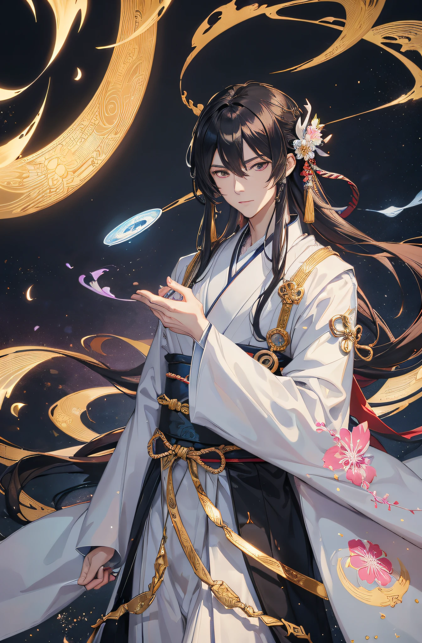 (Meisterwerk), best quality, ultra-high resolution, ((Ein Mann)), ((masculine)), elegant, japanischer Gott, Tsukuyomi, ausdrucksstarke Augen, Perfektes Gesicht, half body, Blick auf den Betrachter, dutch angle, Cowboy erschossen, (langes schwarzes Haar), (Goldene Augenfarbe), stattlich, night time, Mondsichel, Super detaillierte Kleidung, (Japanische Kleidung, Schwarz Blau Langer Kimono mit Details), Hagoromo, Sieg, Dynamisches Licht, Beautiful colors, Milky Way, magisch, Handsome guy in demon killer art, Onmyoji Portrait, Inspiriert von Seki Dosheng, von Yang J, Zhao Yun, handsome androgynous prince, inspiriert von Bian Shoumin, flowing white robe