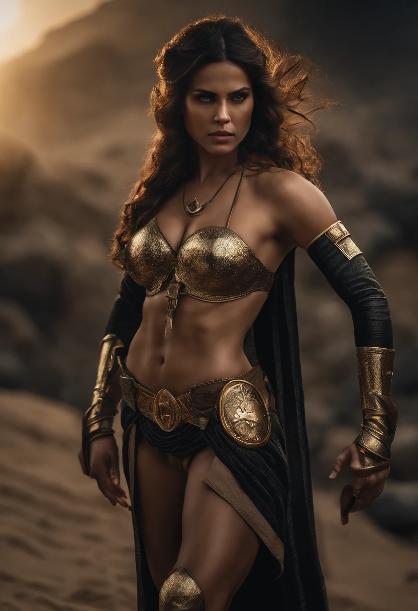 Gere uma imagem da personagem Mara, also known as 'Mara Death Dealer', do jogo Call of Duty: Guerra moderna.  corpo inteiro, fisionomia cruel, micro bikini, cor vermelha e preta, detalhes em ouro, na praia, sol poente, palmeiras, corpo escultural, flowing hair, ((metralhadoras, Granadas, gold accessories)),