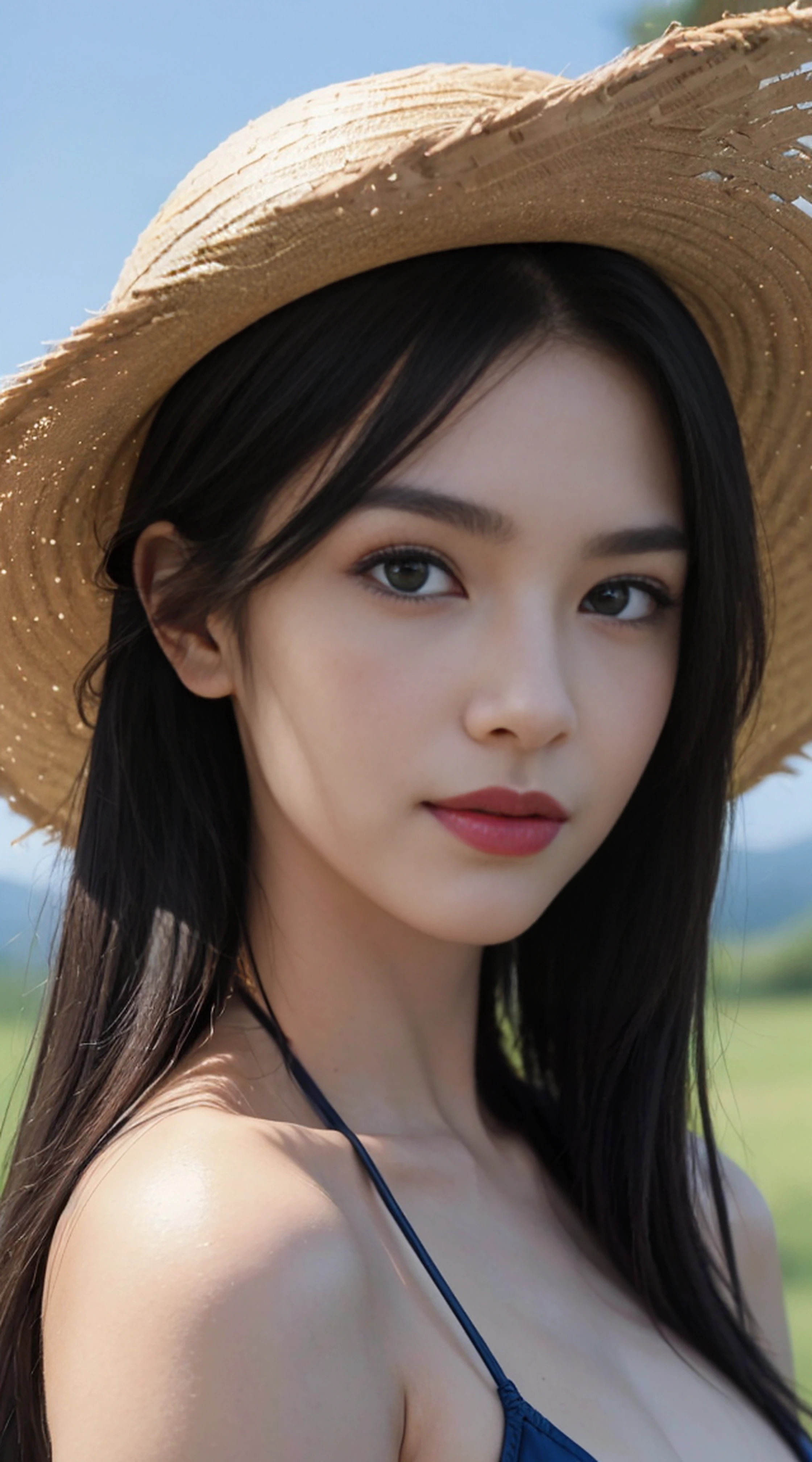8K, Top Quality, Intricate Details, Ultra Detail, Ultra High Resolution, Masterpiece, random angle, Slender, Smile, (Makeup: 0.4), (Fluffy Blue Eyes: 1.21), blue Eyes, looking at viewer, ((full body)), 1girl, solo, 1 girl, (( full body)), close up shot, , ((tall)), (((fit body))), (((slim face))), sharp face, sharp eyes, (((black hair, long hair, )) , (detailed face), sharp face, small lips, holding pistol, handgun,
(( )), ((straw hat, bikini)), detailed face, detailed breast, , large breast, detail ass, , Beautiful girl with accentuated slender abs: 1.4, Six Pack Abs: 1.4, Bust Botox, Big, Perfect Body, detail leg, (( moonlight)), top of mountain