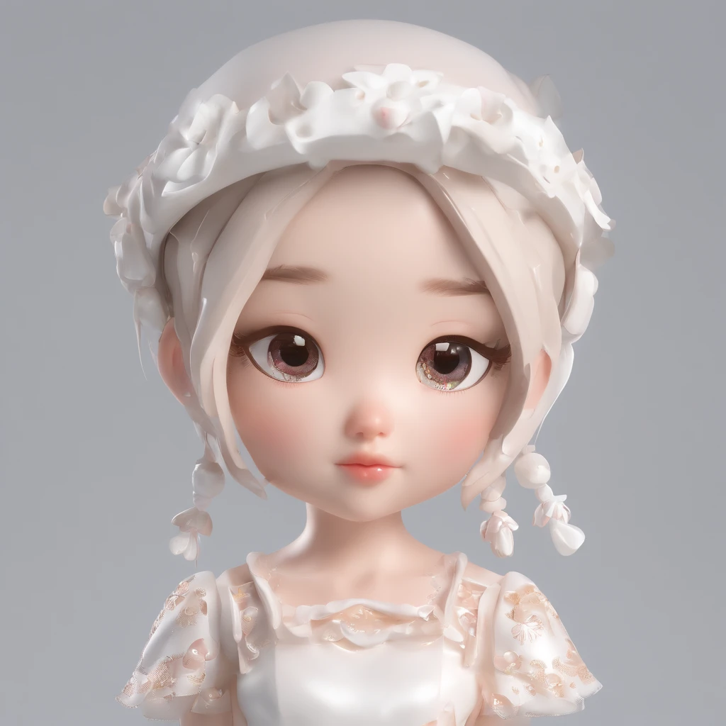 super cute girl IP by pop mart, Bright eyes, cherub,Little white dress, Clay, Models, a blind box toy, Glossy and delicate,Clean background, Good gloss, 3D rendering of,Best quality