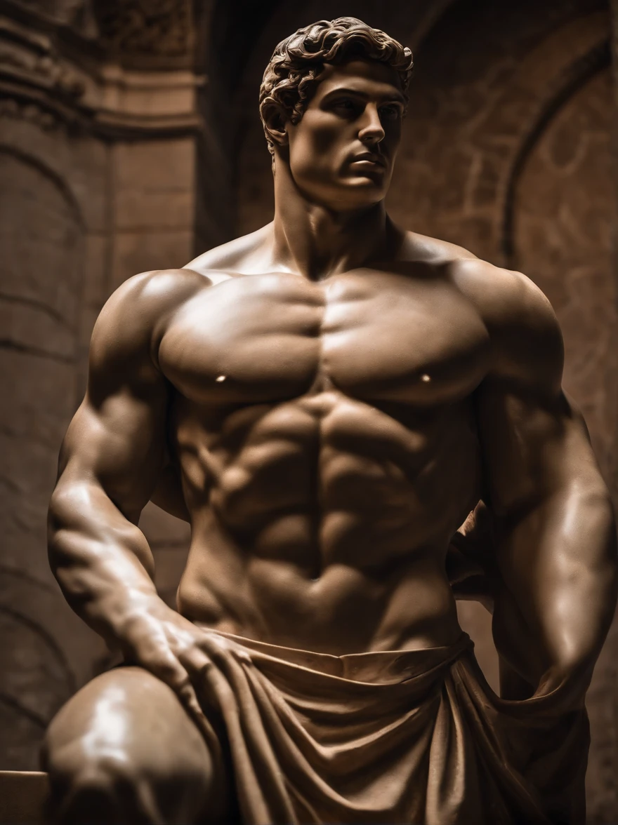 a closeup of a statue of a man, estilo cristiano ronaldo, contato visual, facing the camera, com barba curta, a dark marble sculpture of young man with muscles, classical realism, macho, wise, alfa, dark marble sculpture, Chiaroscuro