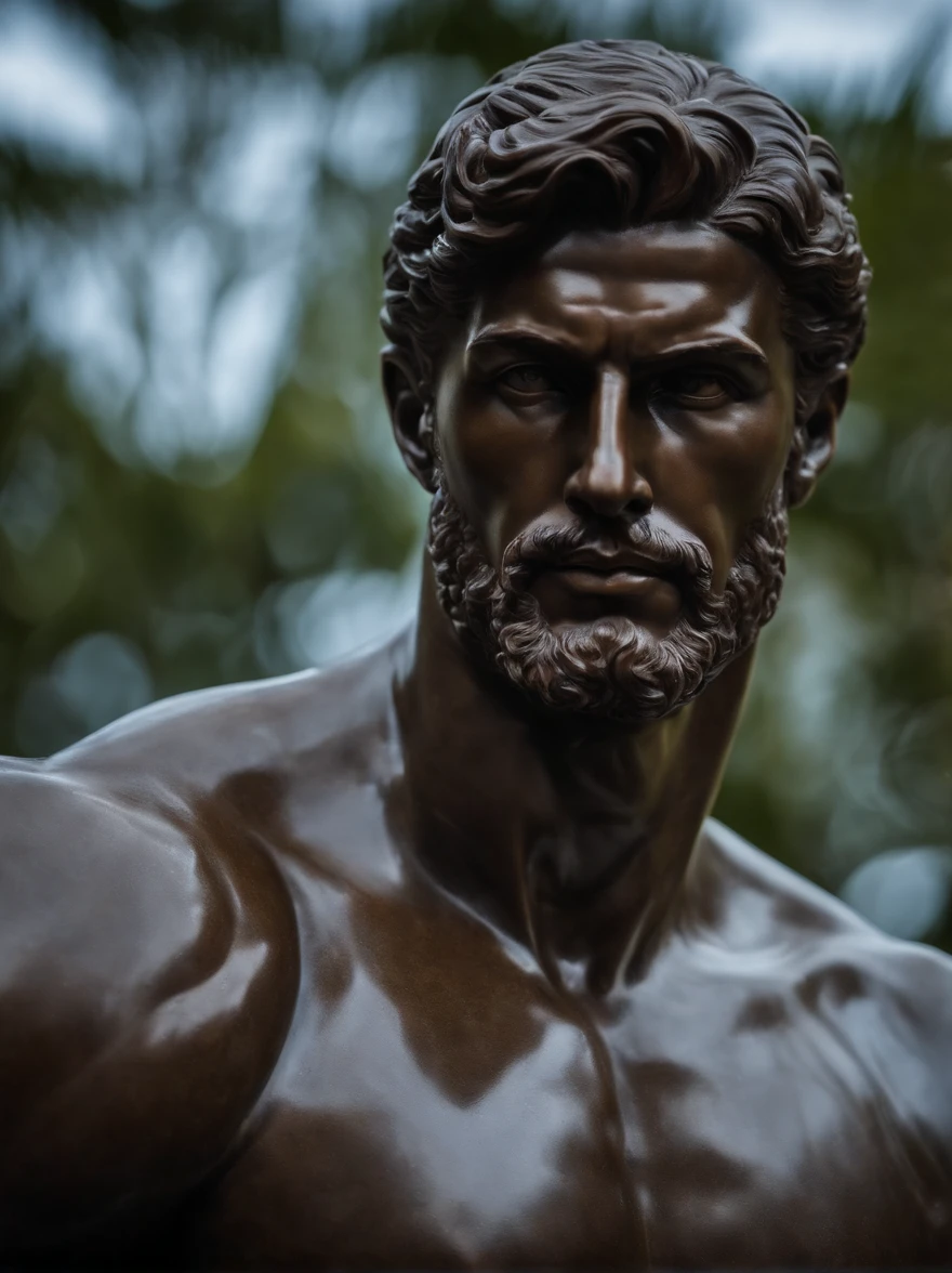 Stoic Greek statue with very muscular body in profile, strong arms, HERCULES STYLE, cinemactic, 8k, estoicismo