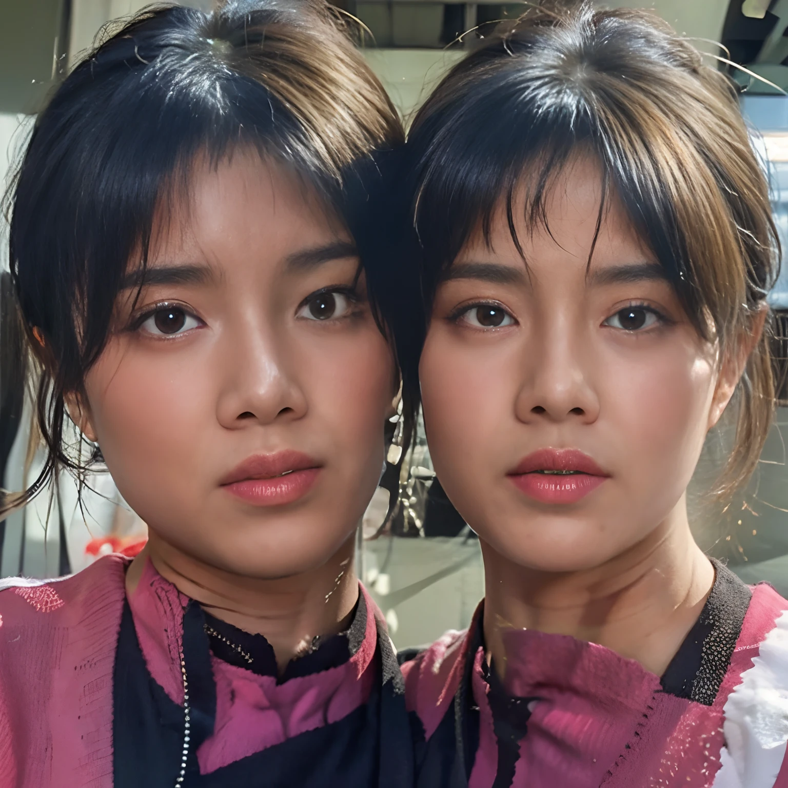 Duas mulheres com roupas tradicionais posando para uma foto juntas, beautiful gemini twins portrait, south east asian with round face, beautiful highly symmetric faces, Bela Sci - Fi-twins, Siamese twins, beautiful gemini twins, Rostos UHD ultrarrealistas, asian features, twins, two identical symmetrical eyes, closeup faces, Rostos bonitos, asian hyperdetailed, Rostos lindos, Asian face