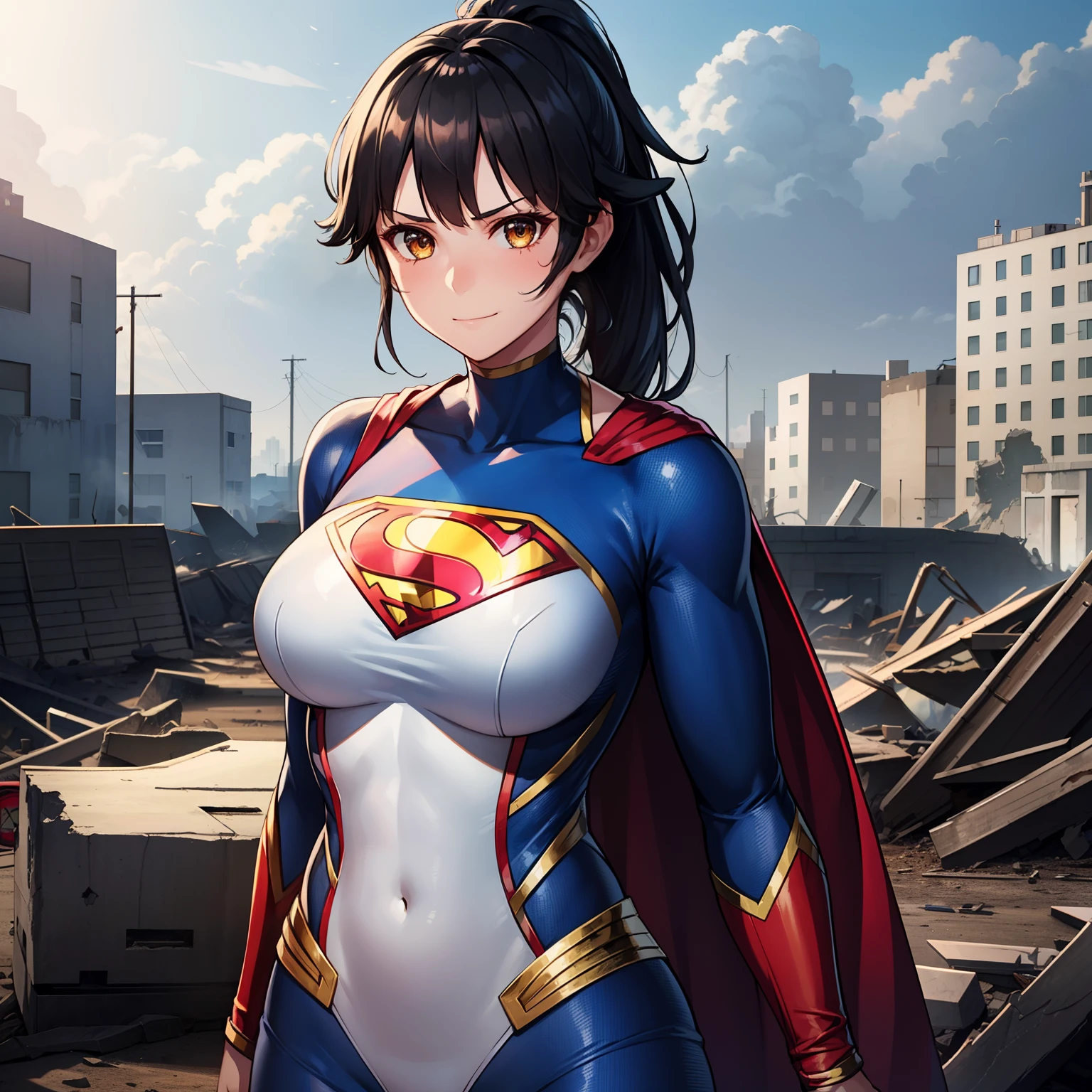 1girl,,big breasts,standing in ruined city,(8k),scratches,detailed face,black hair,brown eyes,very long hair,embarassed,small smile face,ponytail,hair, high_res, high_definition,the battlefield,battle pose,blue suit, (superman Custome:1.1),