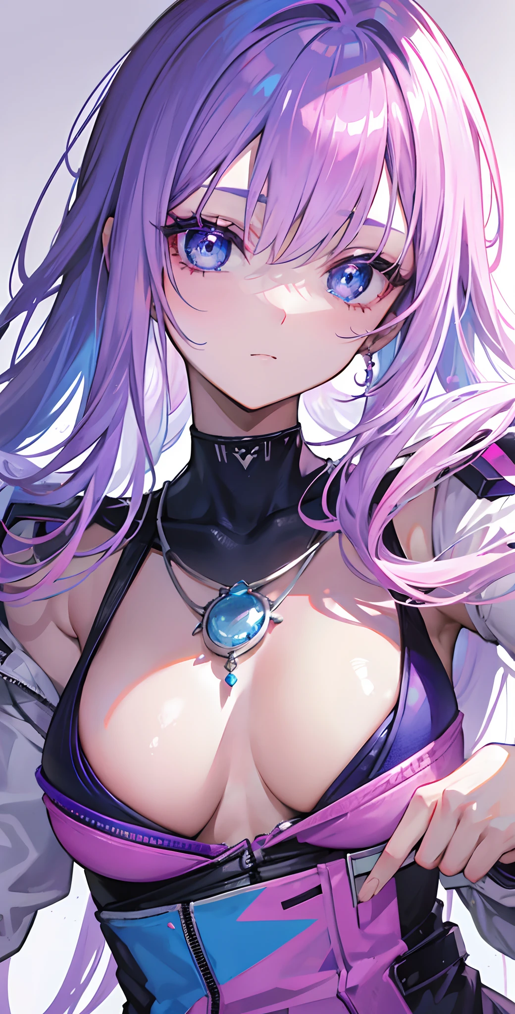 Pink-purple hair,Powder-blue pupils,Silver-blue pendant,A great beauty who captivates the country