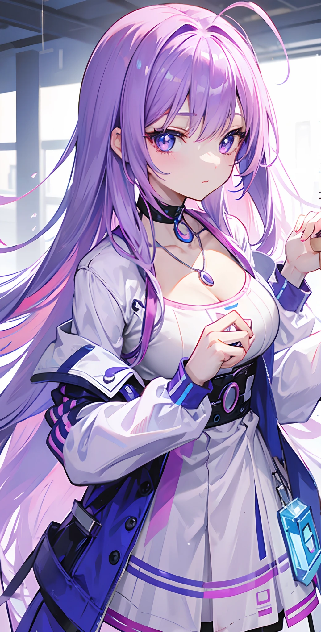 Pink-purple hair,Powder-blue pupils,Silver-blue pendant,A great beauty who captivates the country