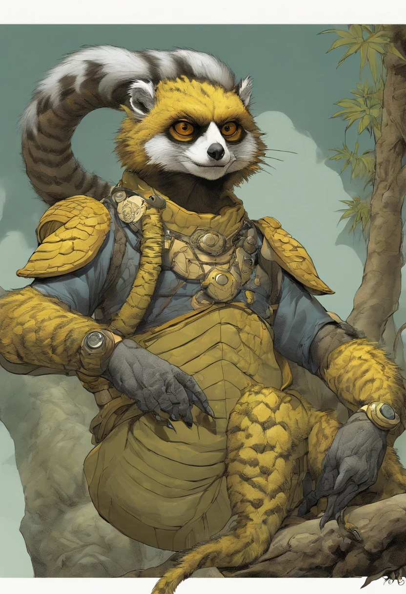 comics LEMUr shaman, by Katsuya Terada, HD, manga, toon avatar,shaman LEMUR, Katsuya Terada STYLE, POKEMON STYLE, LEMUR, YELLOW EYE, shamann, SNAKE skin ARMOR, SCALEs,LEMUR,  YELLOW EYES, muppet, simple, stialized, chubby, , manga, contrast, full body dynamic poce, gear, goggles, hood, by Katsuya Terada, clean, compact, simple
 dynamic colors, striking contrast, futuristic vibe, electric energy， reflective surfaces inteligente futurista, cyberpunk.