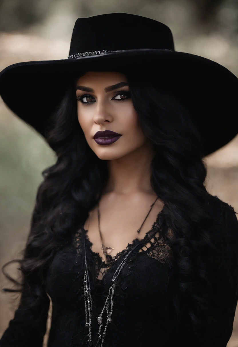 Uma mulher jovem, com a pele morena, altura mediana, cabelos pretos, hair with braids and fringes, Gothic dress, vestido preto, vestido estilo boiadeiro, wearing black cowboy hat on head, vestido com manga longa preto, bota preta, bota comprida, tem cinto preto, boca com batom roxo e sombra preta, gothic scenario, em formato desenho realista 8k. vestido cobrindo a perna ate no joelho.