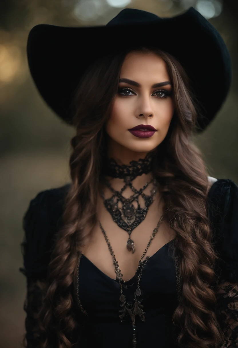 Gorgeous european woman with short hair, braided hair, wet hair, hair slicked back, combed straight back, slick hair, black gradient hair, dressed as a witch, hat, jewelry, cleavage, glamour, solid dark grey background