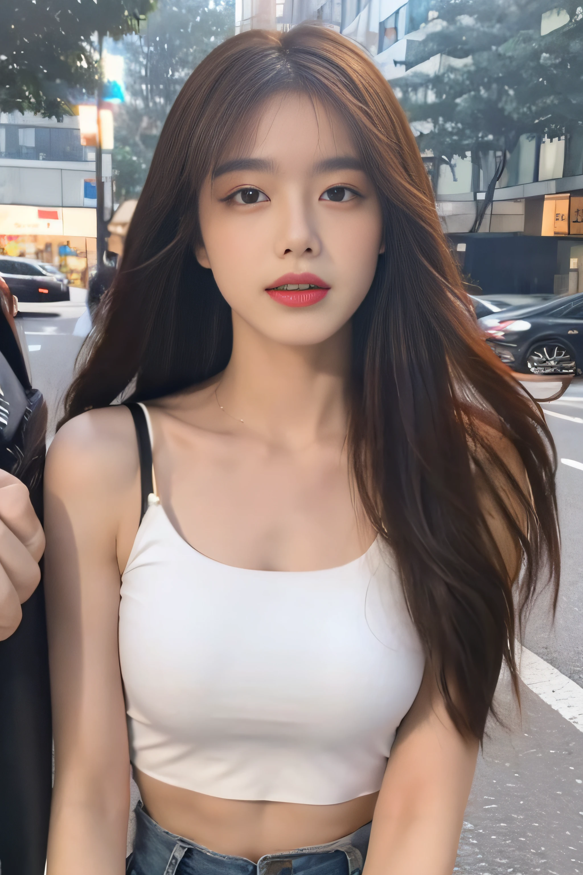 ((Realistic lighting, Best quality, 8K, Masterpiece: 1.3)), Clear focus: 1.2, 1girl, Perfect Figure: 1.4, Slim Abs: 1.1, ((Dark brown hair)), (White crop top: 1.4), (Outdoor, Night: 1.1), City streets, Super fine face, Fine eyes, Double eyelids,