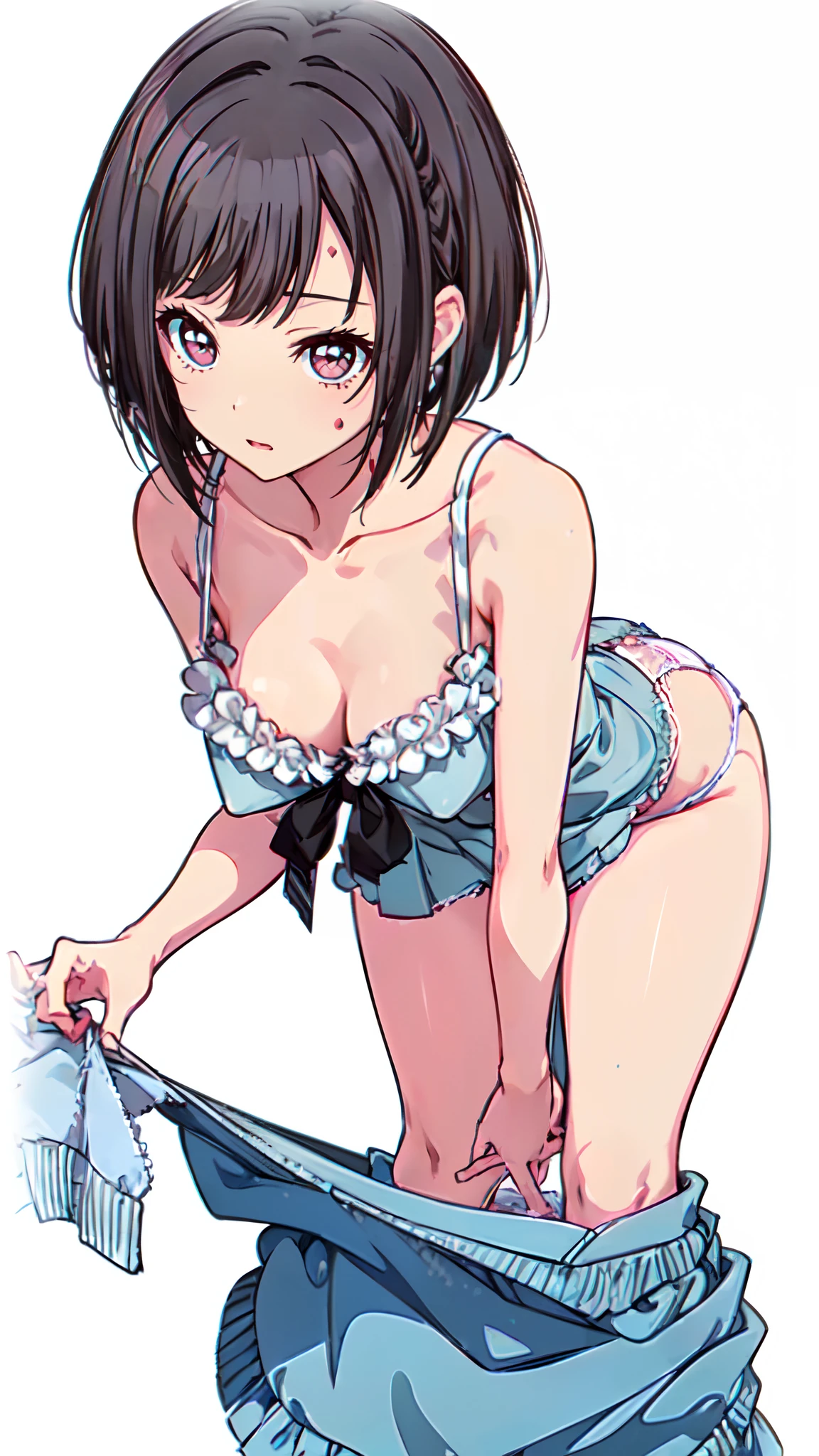 (Light blue camisole　Pull up the skirt to show white string panties　The bra is visible　Gravure Pose　provoking　Very detailed down to the smallest detail　clear outlines　Beautiful face　Beautiful skin)  thin-waist　A slender　ribbed　skinny limbs　teats　cleavage of the breast　Beautiful breasts　a short bob　Uterine mouth　Beautiful fingertips　Pink Nails　Anime style