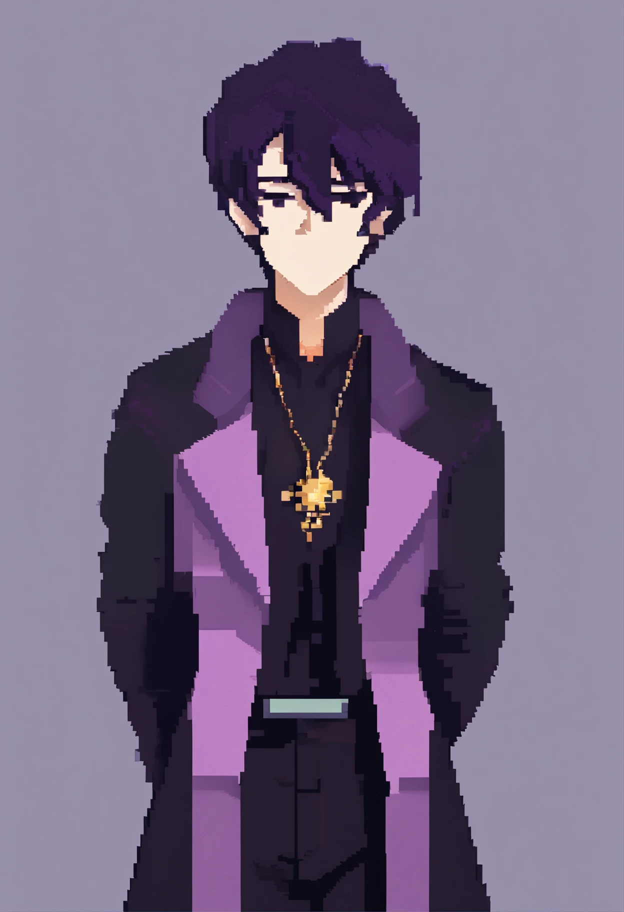 Man with short straight black hair, eyes closed, beautiful, apathetic face, wearing a black coat with purple details, black fabric pants, black shoes, necklace with a single purple stone. 4khd,