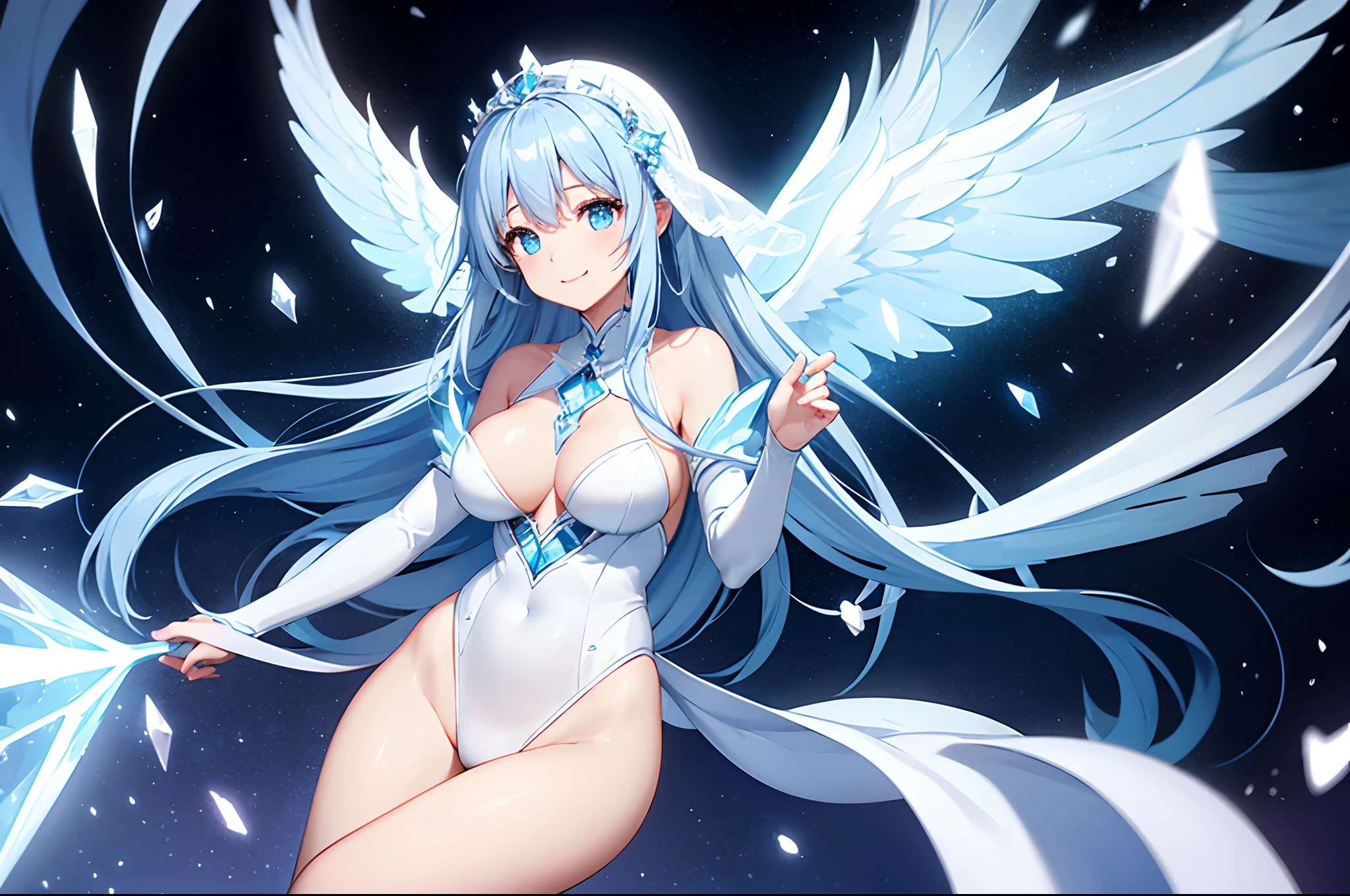 Angel beautiful girl with light blue long hair、Twin-tailed、A charming smile、White leotard、White veil is flowing、On the back, big big wings shine in the light、In the background、Aura and Crystal Brilliant、fantasy worlds、