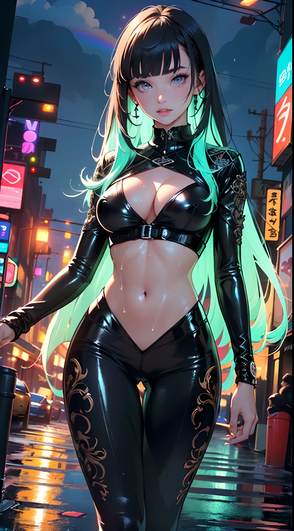 cyberpunk girl,(((1girl))),((cute and beautiful rainbow haired girl)),
(large breasts:1.4),saggy breasts,mane,(((multicolored_hair:1.3, rainbow_hair:1.3,(hair bangs:1.3),(hair with the seven colors of the rainbow):1.3))),((straight hair:1.3, very straight hair,very_long hair:1.5)),((The beauty of extra-long hair, Super Long Straight Hair,bangs)),(((neon_rainbow_eyes:1.3))),intricate eyes,beautiful detailed eyes,symmetrical eyes,((fat)),(((lustrous skin:1.5,bright skin: 1.5,skin tanned,shiny skin,very shiny skin,shiny body,plastic glitter skin,exaggerated shiny skin,illuminated skin,wet legs))),(spider lower abdomen,narrow waist,wide hip,athletic body,inflated legs,detailed body,(detailed face)),
cute,slutty,erotic,((nsfw)),
zettai ryouiki,rainbow pilot suit,rainbow cyber suit,absurdres,Long legs,Detailed legs,cleavage,(((wet clothes,intricate outfit,intricate clothes))),
(hypnotized pose:1.0),embarrassed,(centered,scale to fit dimensions,Rule of thirds),
cyberpunk city by the ocean at night, with bright neon signs and dark stormy clouds and puddles, scenery:1.25,
artistic photography,(photography taken by sldr),highres, sharp focus, (ultra detailed, extremely detailed), (photorealistic artwork:1.37),(extremely detailed CG unity 8k wallpaper),((synthwave background theme)),(((vibrant colors))),(intricate background),(masterpiece),(best quality),