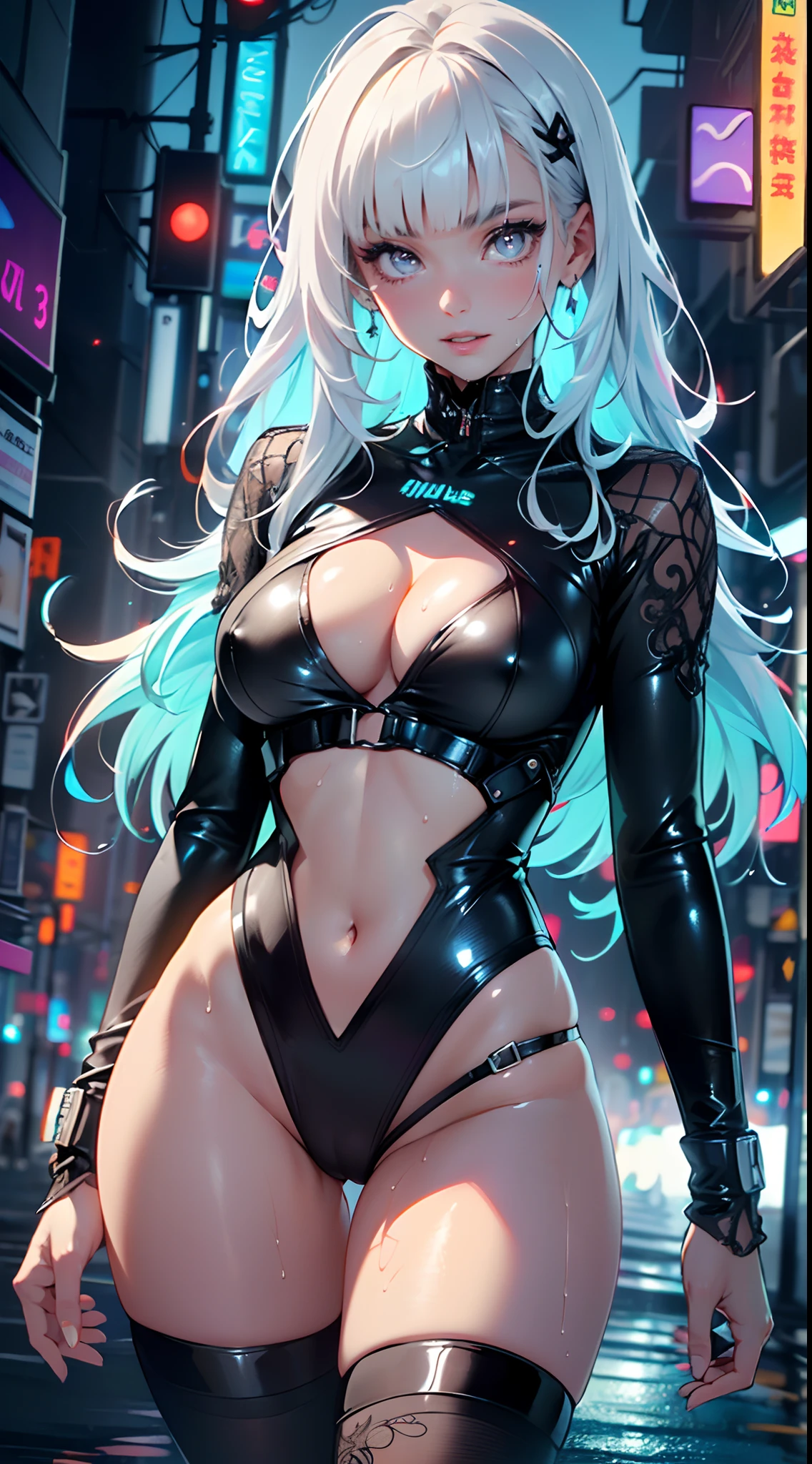 cyberpunk girl,(((1girl))),((cute and beautiful rainbow haired girl)),

(large breasts:1.4),saggy breasts,mane,(((multicolored_hair:1.3, rainbow_hair:1.3,(hair bangs:1.3),(hair with the seven colors of the rainbow):1.3))),((straight hair:1.3, very straight hair,very_long hair:1.5)),((The beauty of extra-long hair, Super Long Straight Hair,bangs)),(((neon_rainbow_eyes:1.3))),intricate eyes,beautiful detailed eyes,symmetrical eyes,((fat)),(((lustrous skin:1.5,bright skin: 1.5,skin tanned,shiny skin,very shiny skin,shiny body,plastic glitter skin,exaggerated shiny skin,illuminated skin,wet legs))),(spider lower abdomen,narrow waist,wide hip,athletic body,inflated legs,detailed body,(detailed face)),

cute,slutty,erotic,((nsfw)),

zettai ryouiki,rainbow pilot suit,rainbow cyber suit,absurdres,Long legs,Detailed legs,cleavage,(((wet clothes,intricate outfit,intricate clothes))),

(hypnotized pose:1.0),embarrassed,(centered,scale to fit dimensions,Rule of thirds),

cyberpunk city by the ocean at night, with bright neon signs and dark stormy clouds and puddles, scenery:1.25,

artistic photography,(photography taken by sldr),highres, sharp focus, (ultra detailed, extremely detailed), (photorealistic artwork:1.37),(extremely detailed CG unity 8k wallpaper),((synthwave background theme)),(((vibrant colors))),(intricate background),(masterpiece),(best quality),
