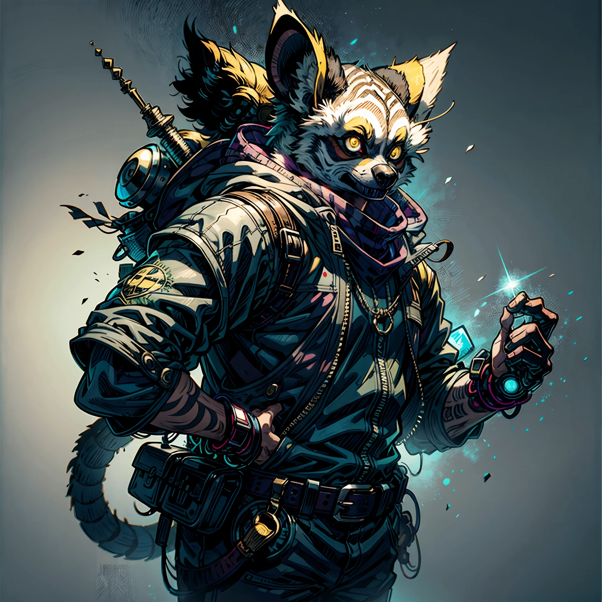 comics LEMUr shaman, by Katsuya Terada, HD, manga, toon avatar,shaman LEMUR, Katsuya Terada STYLE, POKEMON STYLE, LEMUR, YELLOW EYE, shamann, SNAKE skin ARMOR, SCALEs,LEMUR,  YELLOW EYES, muppet, simple, stialized, chubby, , manga, contrast, full body dynamic poce, gear, goggles, hood, by Katsuya Terada, clean, compact, simple