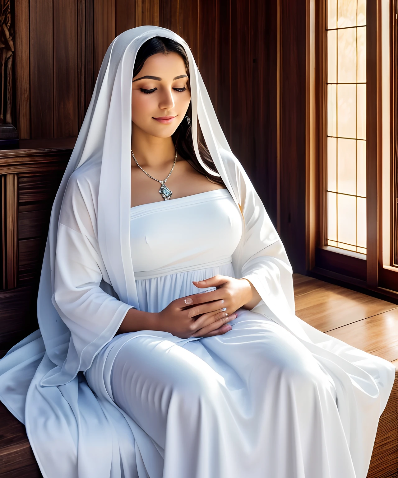 "Picture a divine and transcendent scene in the heart of the countryside of El Salvador, where the Virgin Mary, a symbol of grace and compassion, hovers gracefully in the air above a humble home. Her hands are extended in a gesture of blessing, radiating warmth and divine light. Virgin Mary is resplendent in her serene beauty, draped in flowing white robe that shimmer with celestial radiance. her gaze is fixed lovingly on the home, and her blessings reach out to touch the lives of those within. She is also wearing a blue vail with heavenly light descending from heaven over her.