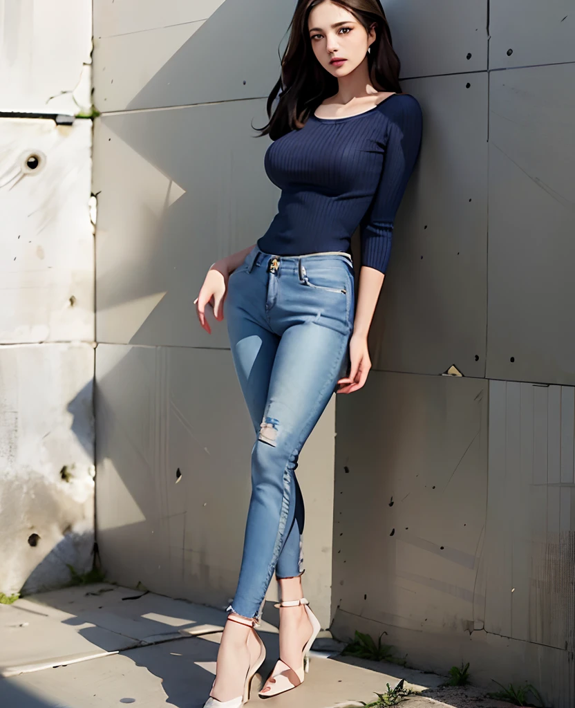 Alaf woman in jeans and heels standing in front of wall, jeans, Wearing jeans, tight denim jeans, skinny waist and thick hips, ( ( ( Wearing jeans ) ) ), amouranth, Blue jeans, jeans and t shirt, Chic, Back Pose, 30 year old female, 3 0 years old woman, in full growth from the back