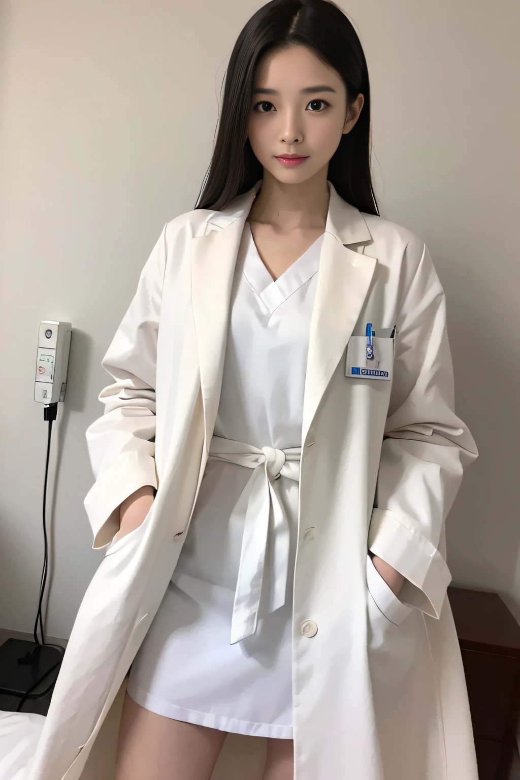 (​masterpiece、hightquality、high-level image quality、8K分辨率)、A Japanese Lady、Beautiful female doctor、30-years old、(Female doctors like sex:1.3,seductiv、sexypose)、perfect anatomia、Beautiful limbs、huge tit:1.3、Perfected and beautiful body、Manteau blanc、(White coat full of scratches)、hospitals、Dimmed hospital room、natta、Professional filming、