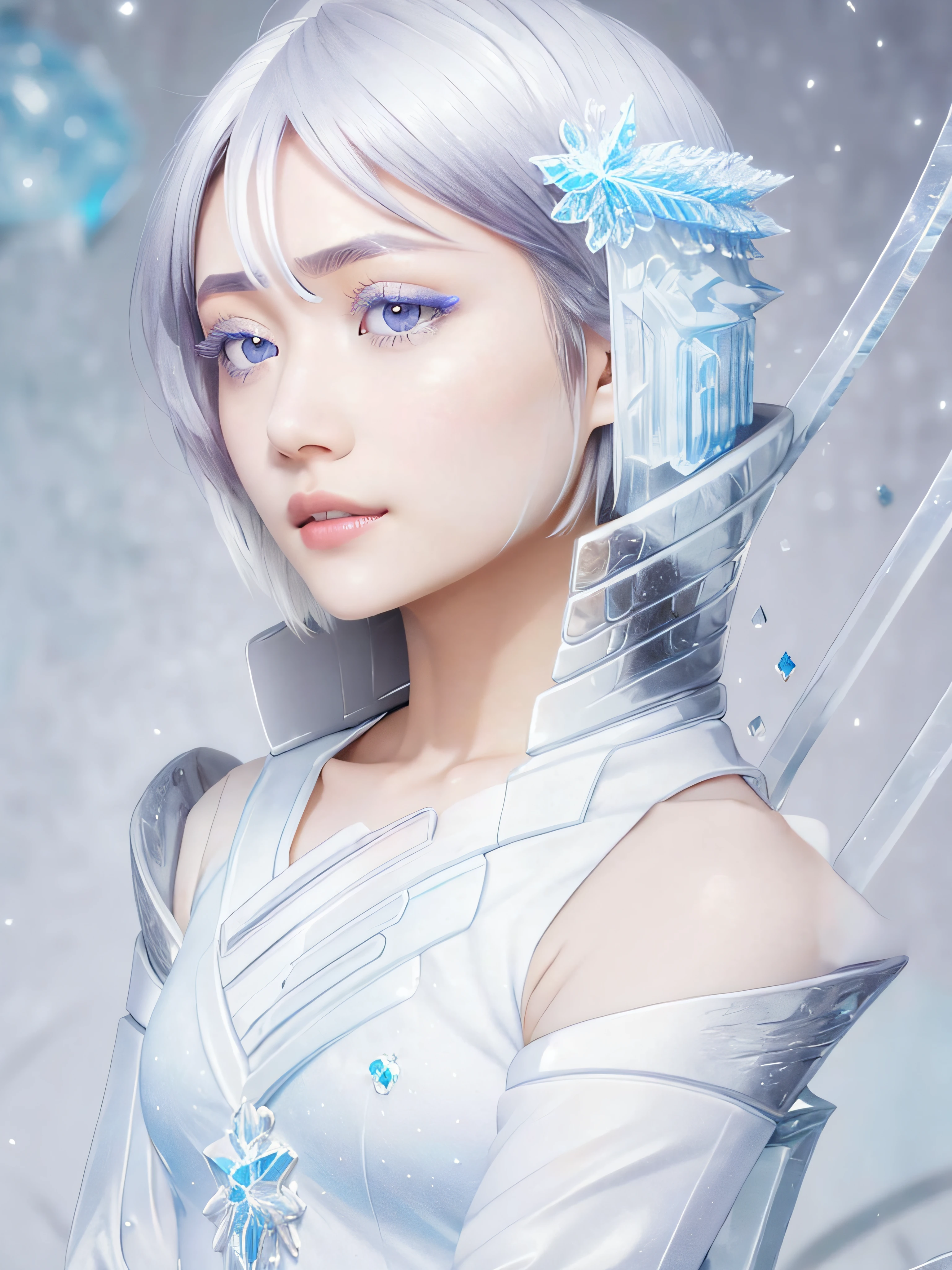 1girl, solo, short hair, hair ornament, hair between eyes, parted lips, looking at viewer, detached sleeves, ice particles, detailed, intricate details