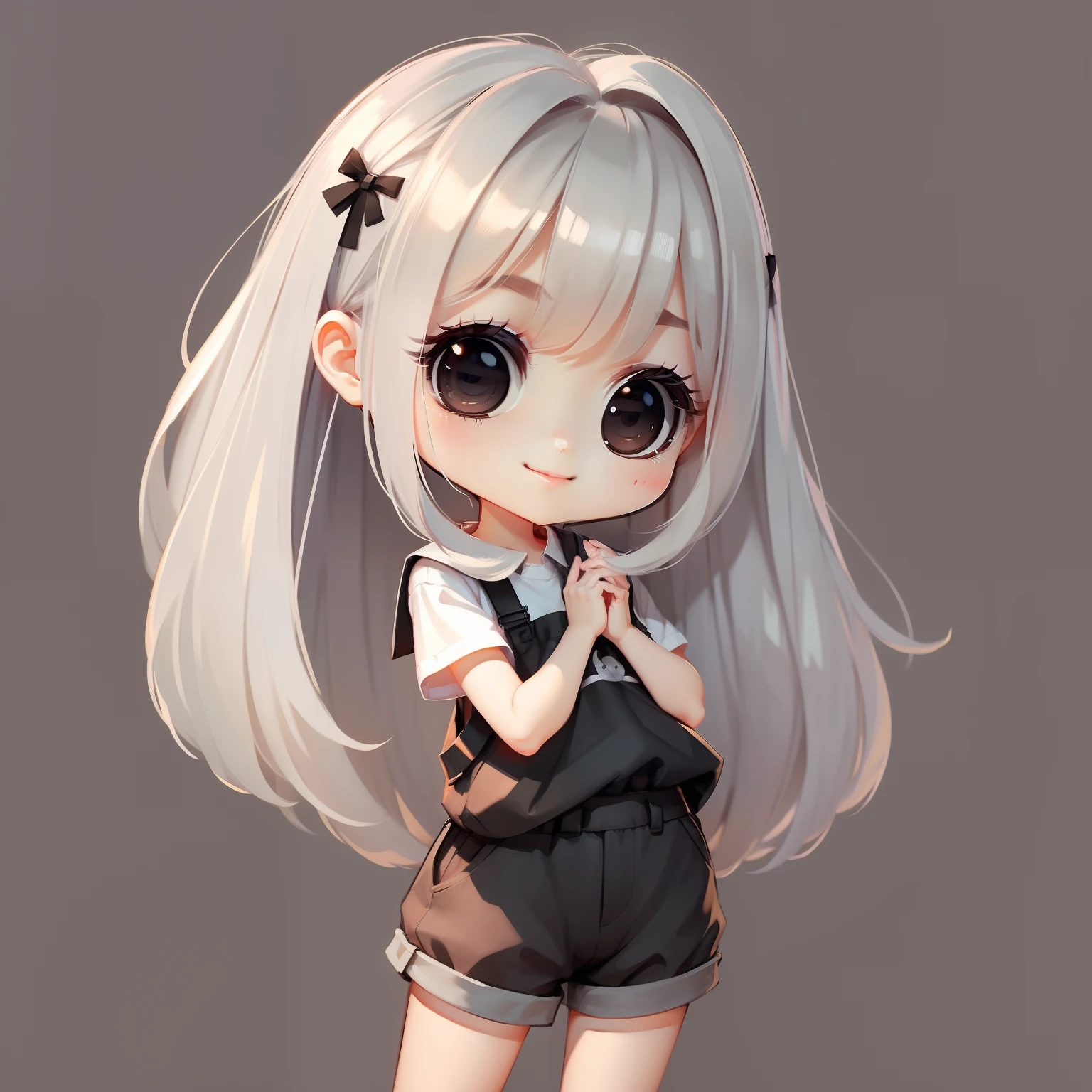 masterpiece, best quality, a cute chibi loli mexican girl smiling, ((brunette)), black hair, ((blue school uniform sweater)), white shirt, white hair accesory