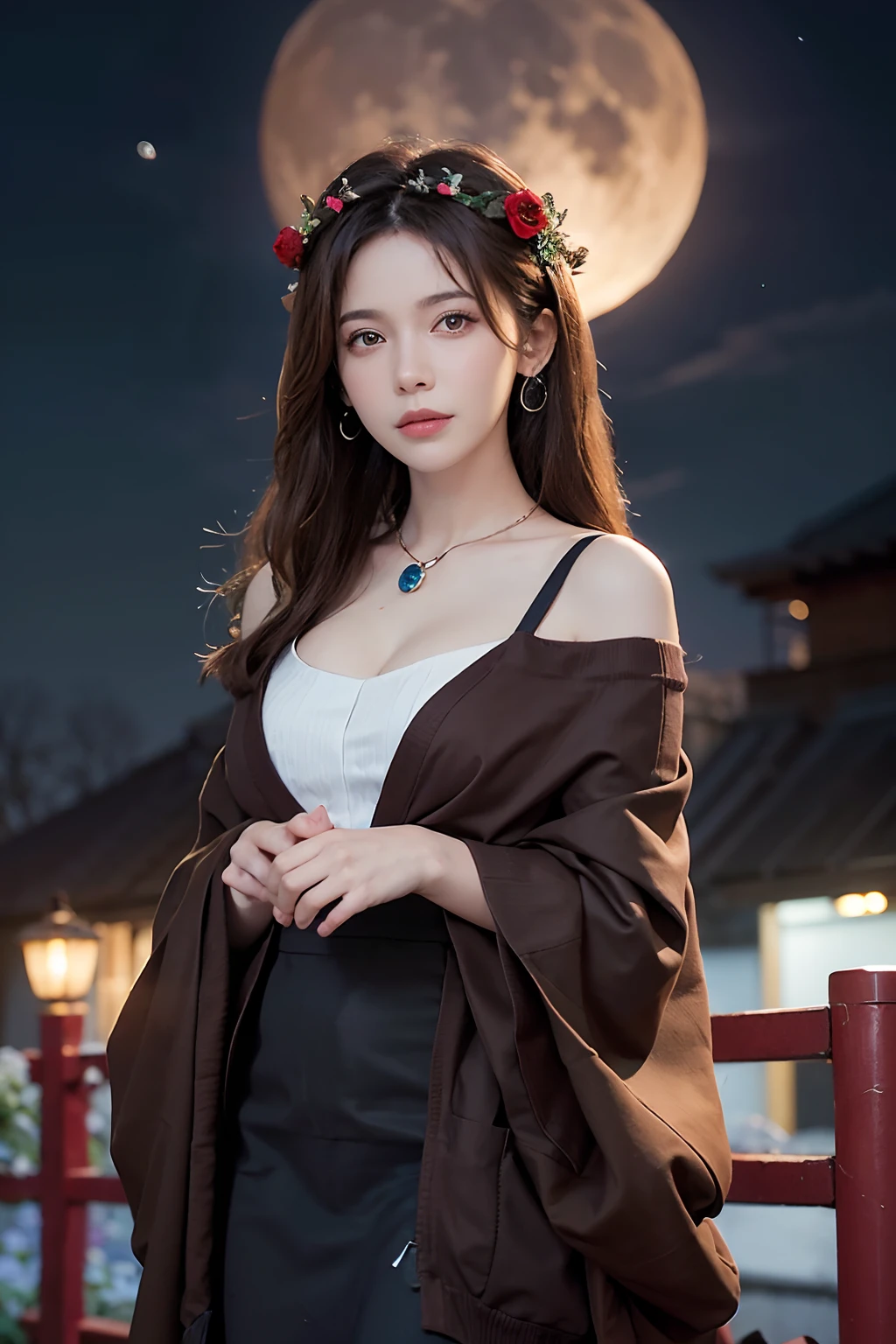 1girl, blurry, blurry_background, brown_eyes, brown_hair, depth_of_field, earrings, flower, full_moon, hair_flower, hair_ornament, lips, looking_at_viewer, moon, moonlight, night, night_sky, outdoors, red_flower, red_moon, sky, solo