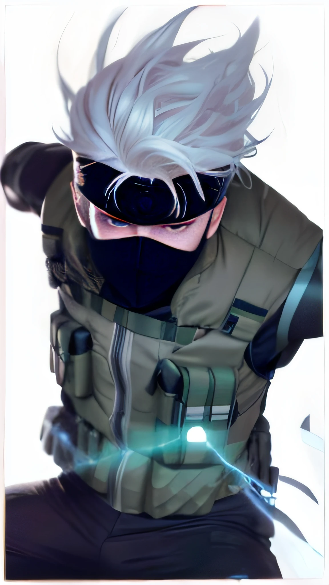 1 male model, wearing a mask, (normal real human eyes:1.5), human eyes, green tactical vest, realistic white strands of hair, normal eyes, actual actor playing the role, realistic, ultra detailed, 70mm lens, photograph
