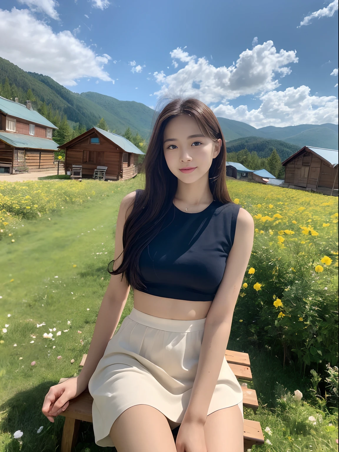 ((best qualtiy, 8K, tmasterpiece:1.3)),Focus:1.2, female high-school student,(A look of determination)(adolable),delicated face,Long hair waist-length,long hair flowing,Tilt your head,ssmile,Hair details,Delicate Full Body Portrayal,Delicate depiction of the face,Best picture quality,A high resolution,细致背景,Delicate portrayal,exquisitedetails,Rich in detail,Facial strengthening,(Crop tops,short skirt),with blue sky and white clouds,Sit Pose,The Great Wall background,There are no bags under the eyes