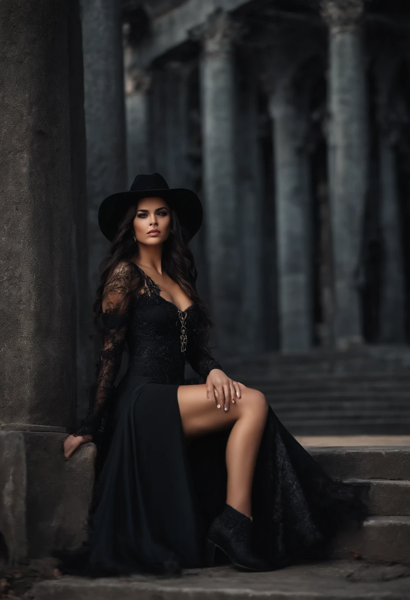 Uma mulher jovem, com a pele morena, altura mediana, cabelos pretos, hair with braids and fringes, Gothic dress, vestido preto, vestido estilo boiadeiro, wearing black cowboy hat on head, vestido com manga longa preto, bota preta, bota comprida, tem cinto preto, boca com batom roxo e sombra preta, gothic scenario, em formato desenho realista 8k. vestido cobrindo a perna ate no joelho,motrando corpo todo,.desenho animado.