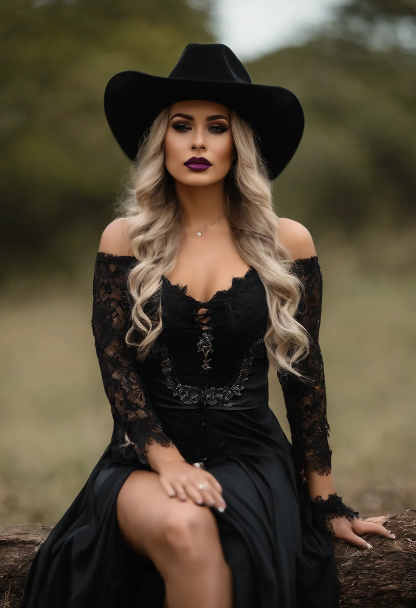 Uma mulher jovem, com a pele morena, altura mediana, cabelos pretos, hair with braids and fringes, Gothic dress, vestido preto, vestido estilo boiadeiro, wearing black cowboy hat on head, vestido com manga longa preto, bota preta, bota comprida, tem cinto preto, boca com batom roxo e sombra preta, gothic scenario, em formato desenho realista 8k. vestido cobrindo a perna ate no joelho,motrando corpo todo,.desenho animado.