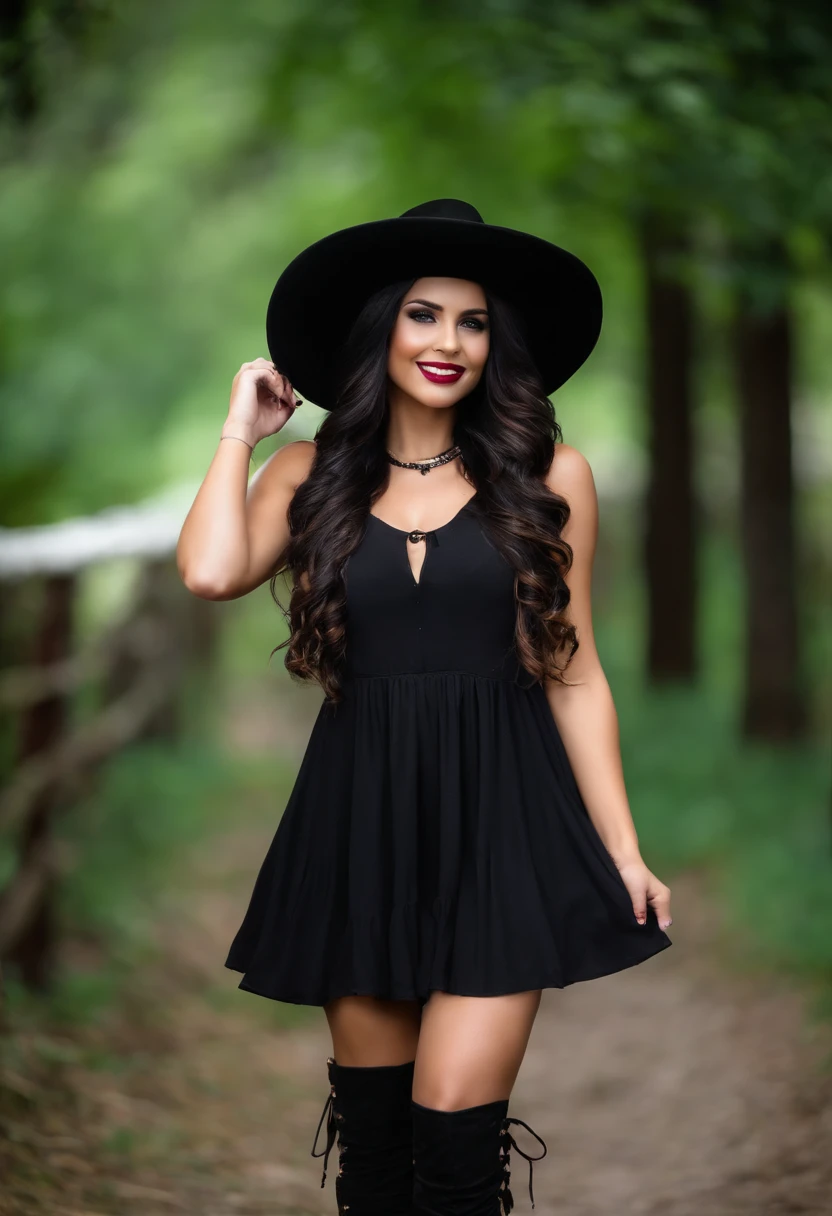 Uma mulher jovem, com a pele morena, altura mediana, cabelos pretos, hair with braids and fringes, Gothic dress, vestido preto, vestido estilo boiadeiro, wearing black cowboy hat on head, vestido com manga longa preto, bota preta, bota comprida, tem cinto preto, boca com batom roxo e sombra preta, gothic scenario, em formato desenho realista 8k. vestido cobrindo a perna ate no joelho,motrando corpo todo,.desenho animado.