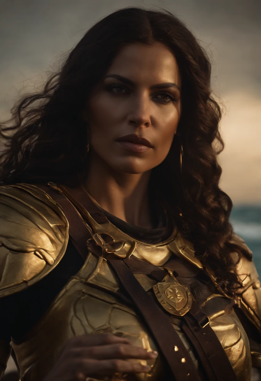 Gere uma imagem da personagem Mara, also known as 'Mara Death Dealer', do jogo Call of Duty: Guerra moderna. corpo inteiro, fisionomia cruel, micro bikini, cor vermelha e preta, Detalhes em ouro, na praia, sol poente, palmeiras, corpo escultural, flowing hair, ((metralhadoras, Granadas, gold accessories)),