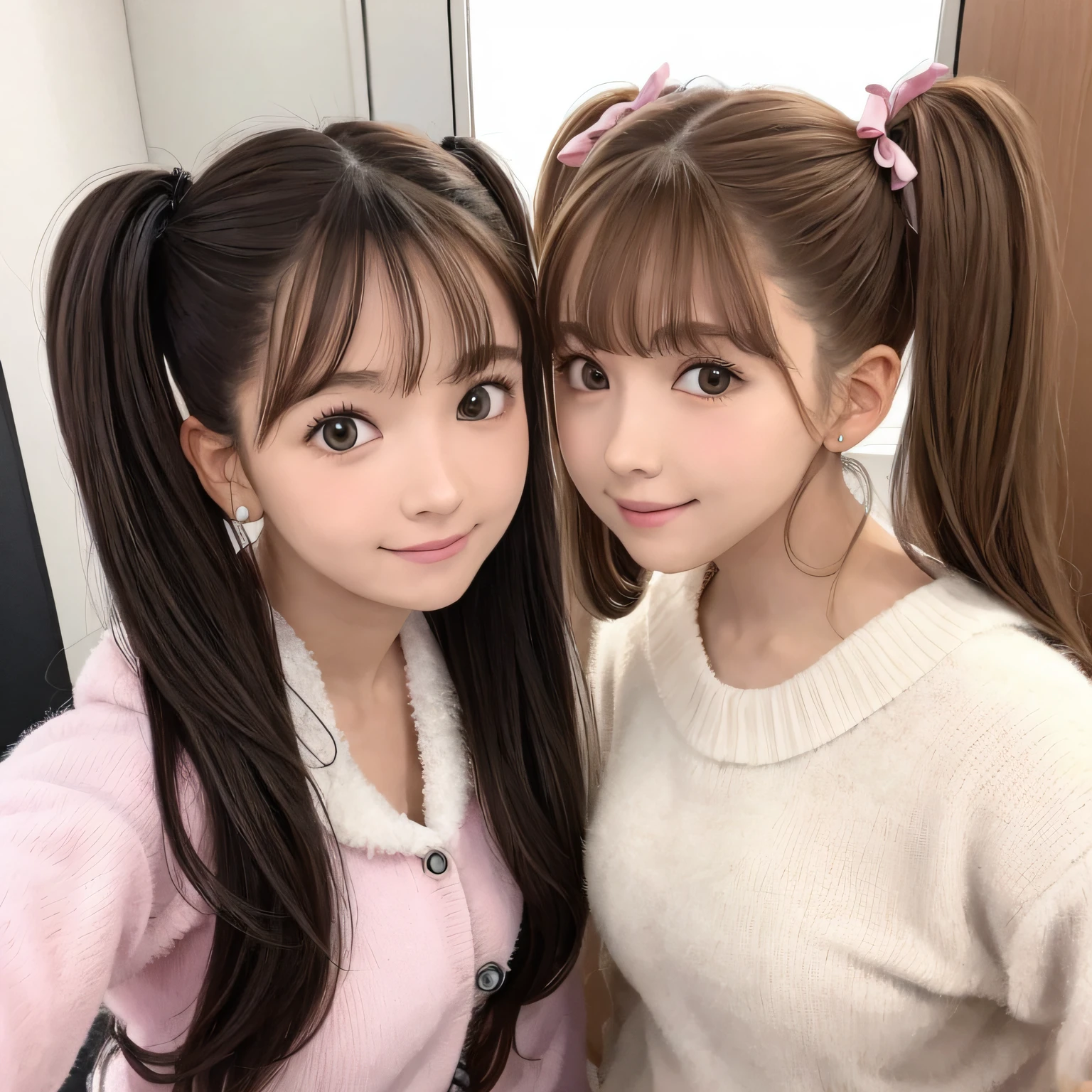 17yo, 2girls, twintails hair style, Fluffy clothes