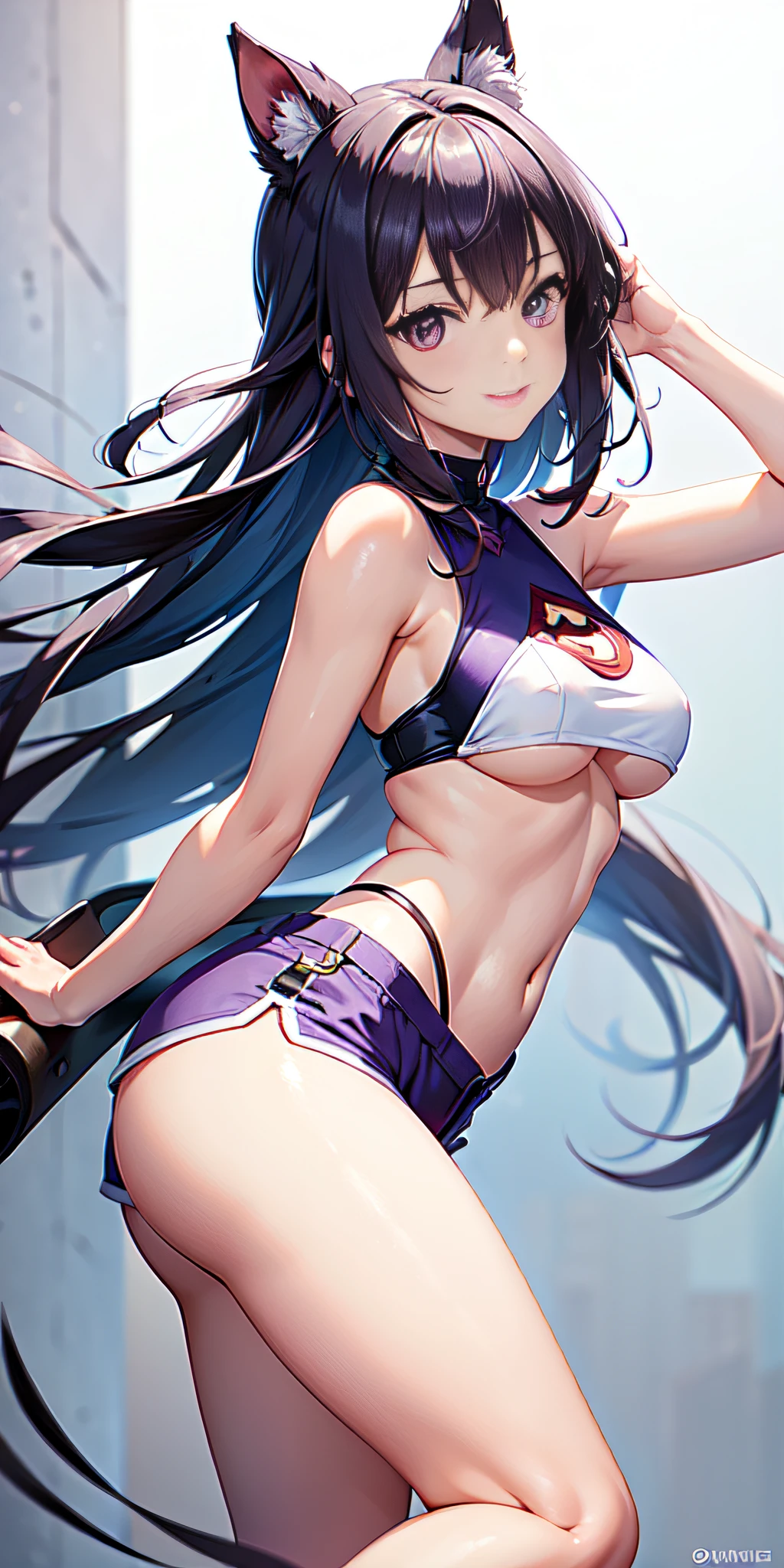 Young girl, Pelo largo y blanco, purple eyes, Orejas de gato, Superhero uniform, shorts, sin mangas, vientre abierto, Sideboob interno, sonrisa afectada, Obra maestra, alta calidad