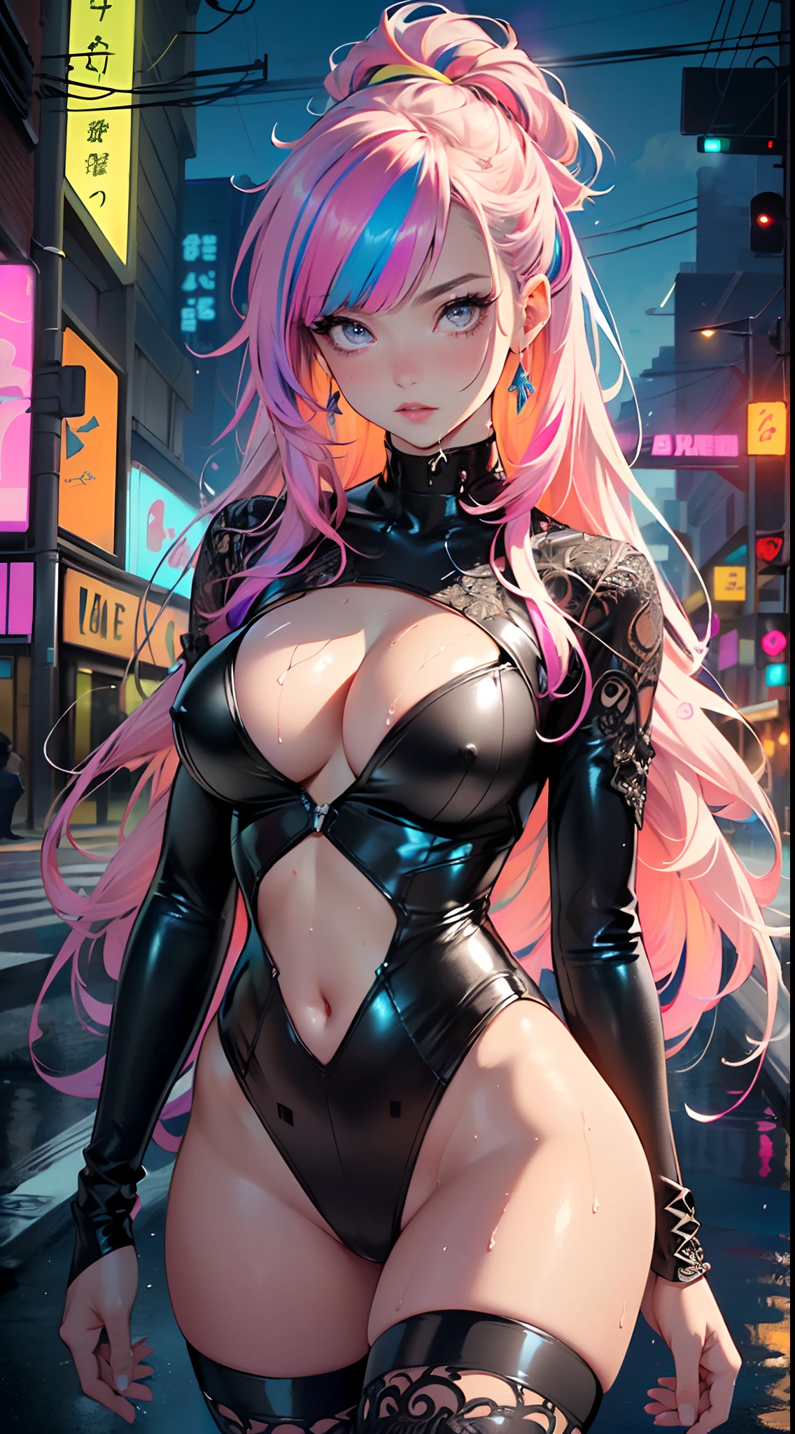 cyberpunk girl,(((1girl))),((cute and beautiful rainbow haired girl)),
(large breasts:1.4),saggy breasts,mane,((multicolored_hair:1.3)), ((rainbow hair:1.3)),((hair bangs:1.3)),((hair with the seven colors of the rainbow:1.3)),((straight hair:1.3)),((very straight hair,very_long hair:1.5)),((The beauty of extra-long hair)),((Super Long Straight Hair)),((bangs)),(((neon rainbow eyes:1.3))),intricate eyes,beautiful detailed eyes,symmetrical eyes,((fat)),(((lustrous skin:1.5,bright skin: 1.5,skin tanned,shiny skin,very shiny skin,shiny body,plastic glitter skin,exaggerated shiny skin,illuminated skin,wet legs))),(spider lower abdomen,narrow waist,wide hip,athletic body,inflated legs,detailed body,(detailed face)),
cute,slutty,erotic,((nsfw)),
zettai ryouiki,rainbow pilot suit,rainbow cyber suit,absurdres,Long legs,Detailed legs,cleavage,(((wet clothes,intricate outfit,intricate clothes))),
(hypnotized pose:1.0),embarrassed,(centered,scale to fit dimensions,Rule of thirds),
cyberpunk city by the ocean at night, with bright neon signs and dark stormy clouds and puddles, scenery:1.25,
artistic photography,(photography taken by sldr),highres, sharp focus, (ultra detailed, extremely detailed), (photorealistic artwork:1.37),(extremely detailed CG unity 8k wallpaper),((synthwave background theme)),(((vibrant colors))),(intricate background),(masterpiece),(best quality),