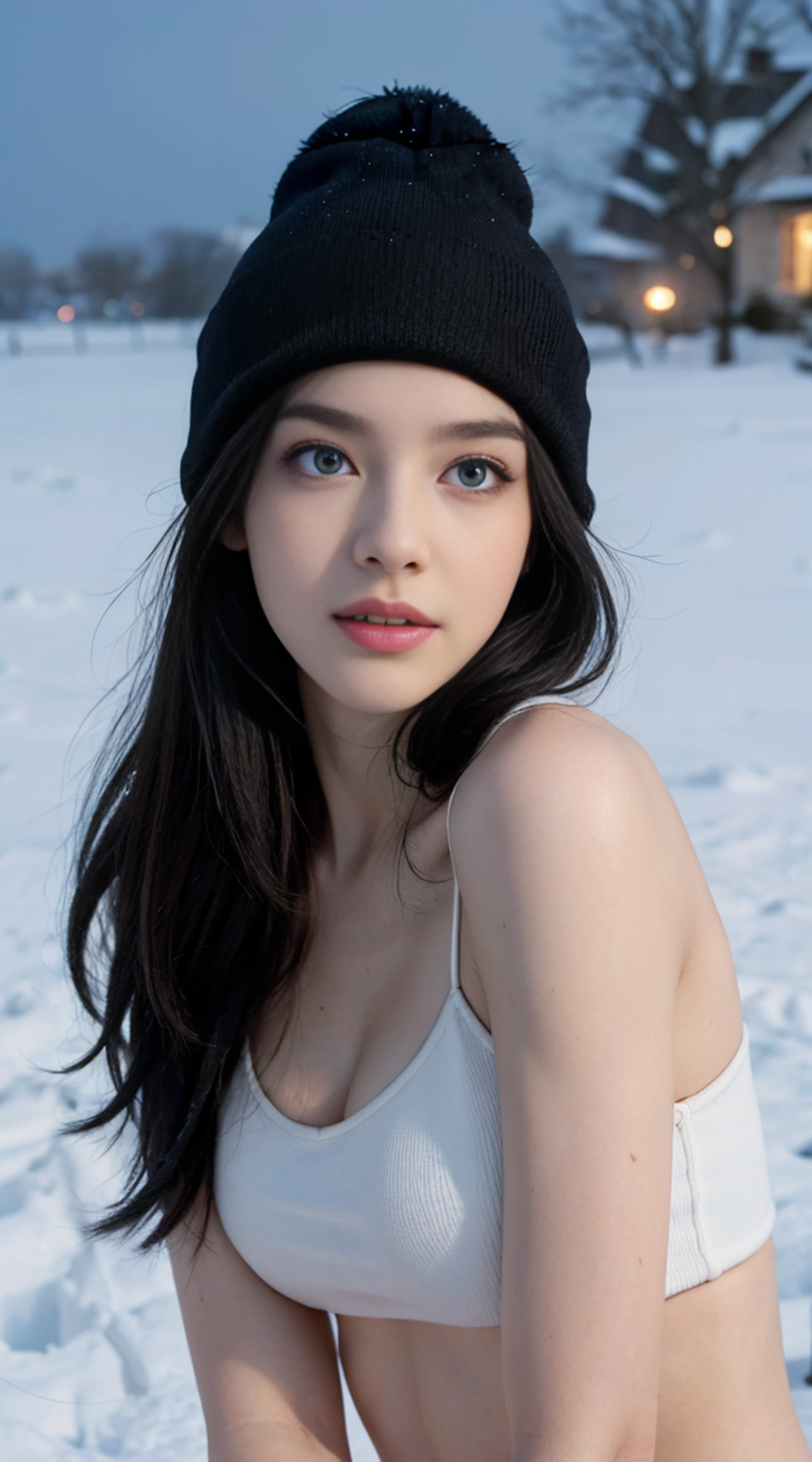8K, Top Quality, Intricate Details, Ultra Detail, Ultra High Resolution, Masterpiece, random angle, Slender, Smile, (Makeup: 0.4), (Fluffy Blue Eyes: 1.21), blue Eyes, looking at viewer, ((full body)), 1girl, solo, 1 girl, (( full body)), close up shot, , ((tall)), (((fit body))), (((slim face))), sharp face, sharp eyes, (((black hair, long hair, )) , (detailed face), sharp face, small lips, holding pistol, handgun,
(( )), ((Beanie, coat, )), detailed face, detailed breast, , large breast, detail ass, , Beautiful girl with accentuated slender abs: 1.4, Six Pack Abs: 1.4, Bust Botox, Big, Perfect Body, detail leg, (( moonlight)), in the snow