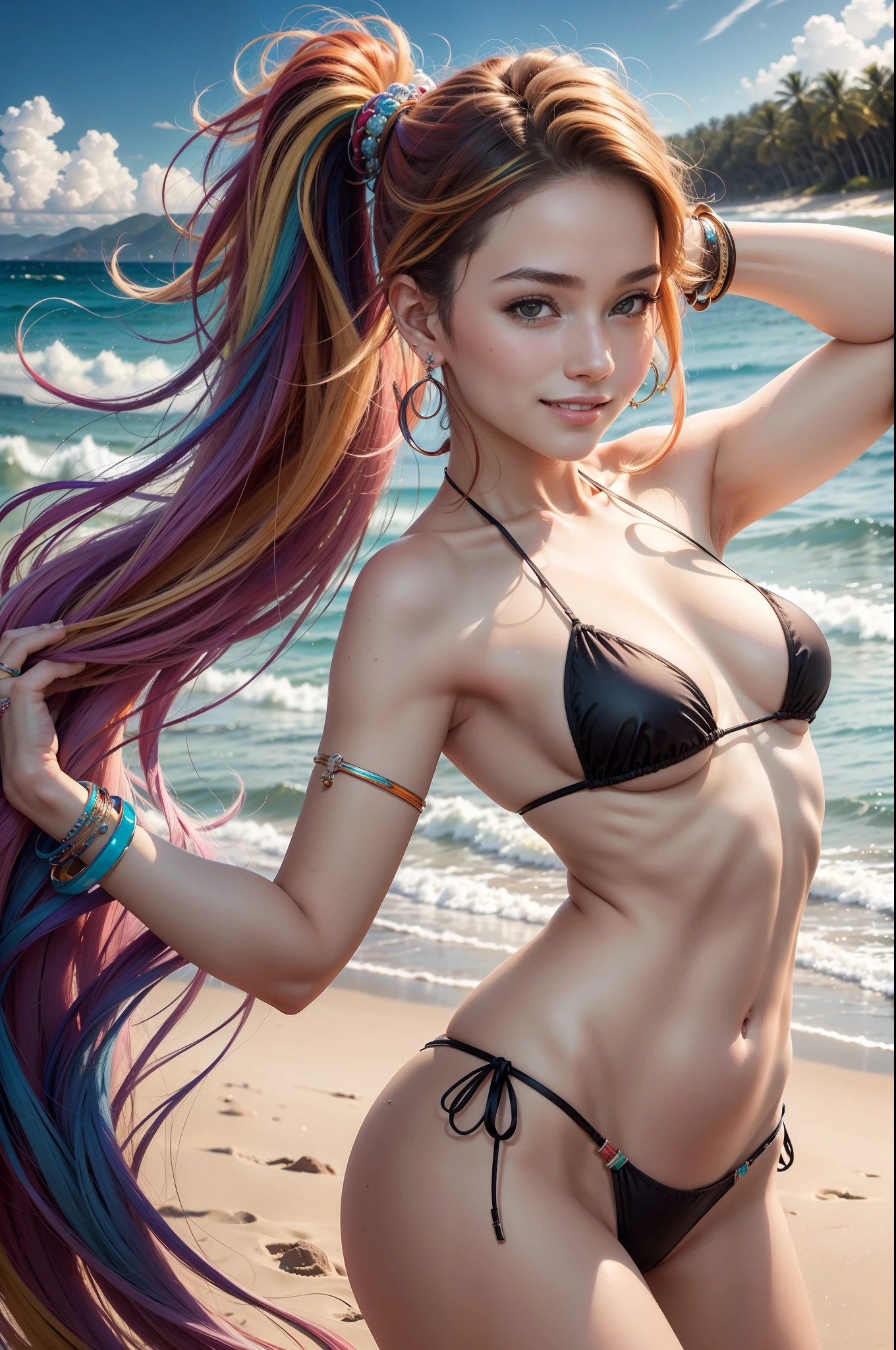 (Masterpiece: 1.5), (Best Quality: 1.5), High Resolution, High Detail, 1 Girl, Solo, Skin Highlight, Sharpen, Clear, straight hair, ponytail, multicolored hair, Jewelry, bracelet, earrings, cowboy shot, pale skin, smile, beach, tiny micro bikini