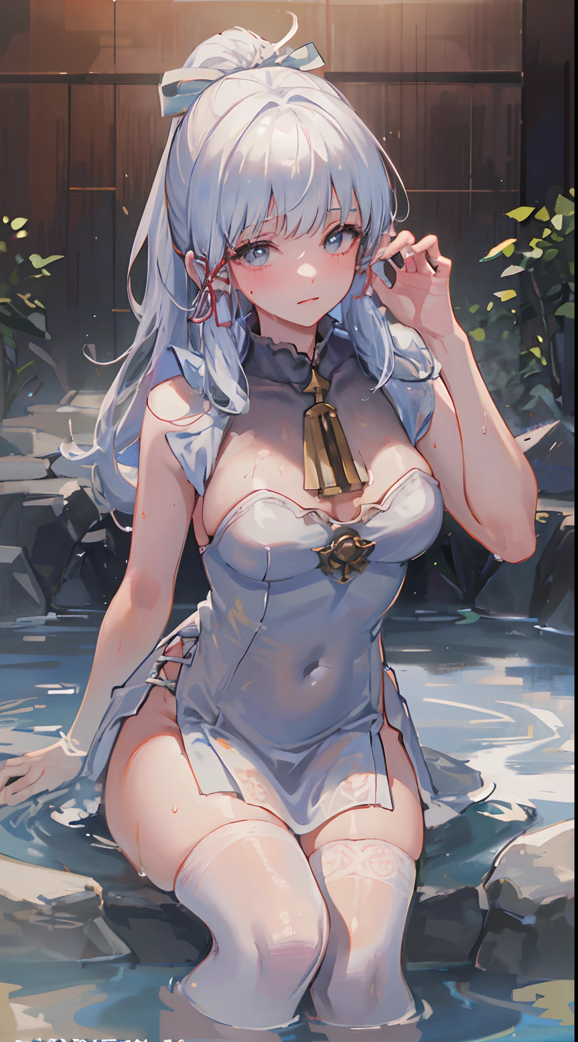 ((beautiful lighting, Best quality, 8K, Masterpiece: 1.3)), 1girl, Perfect body beauty: 1.4, elegant pose, Sweaty + wet skin,((white hair)), (White dress: 1.4), (Bathing gown), (Over the knee white stockings: 1.5), (onsen , night: 1.1), (Hot water bath), Soak, Super Fine Face