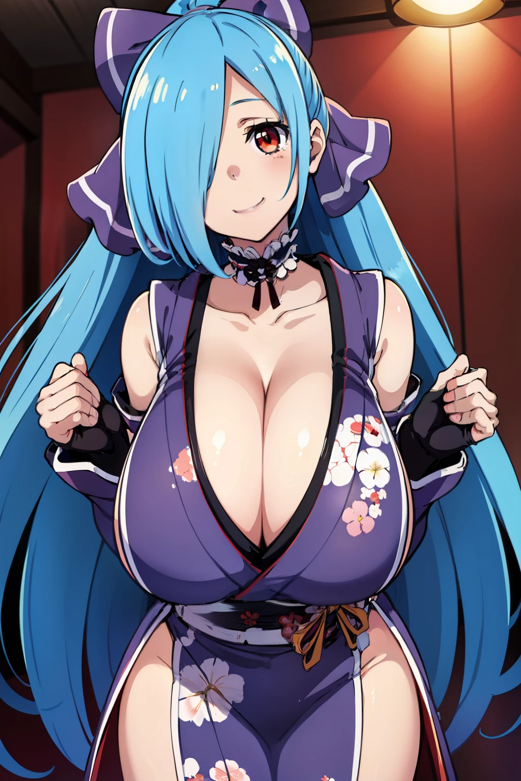 anime style, best quality, high resolution, 1girl, happy smile, (huge breasts:1.2), hanging breasts, cleavage, BREAK yamato iori, hair over one eye, blue hair, red eyes, ponytail, very long hair, har bow, fingerless gloves, japanese clothes, detached sleeves, looking at viewer, black gloves,