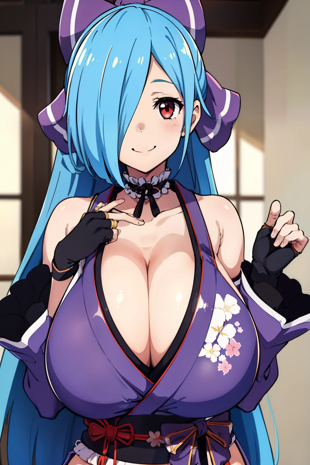 anime style, best quality, high resolution, 1girl, happy smile, (huge breasts:1.2), hanging breasts, cleavage, BREAK yamato iori, hair over one eye, blue hair, red eyes, ponytail, very long hair, har bow, fingerless gloves, japanese clothes, detached sleeves, looking at viewer, black gloves,