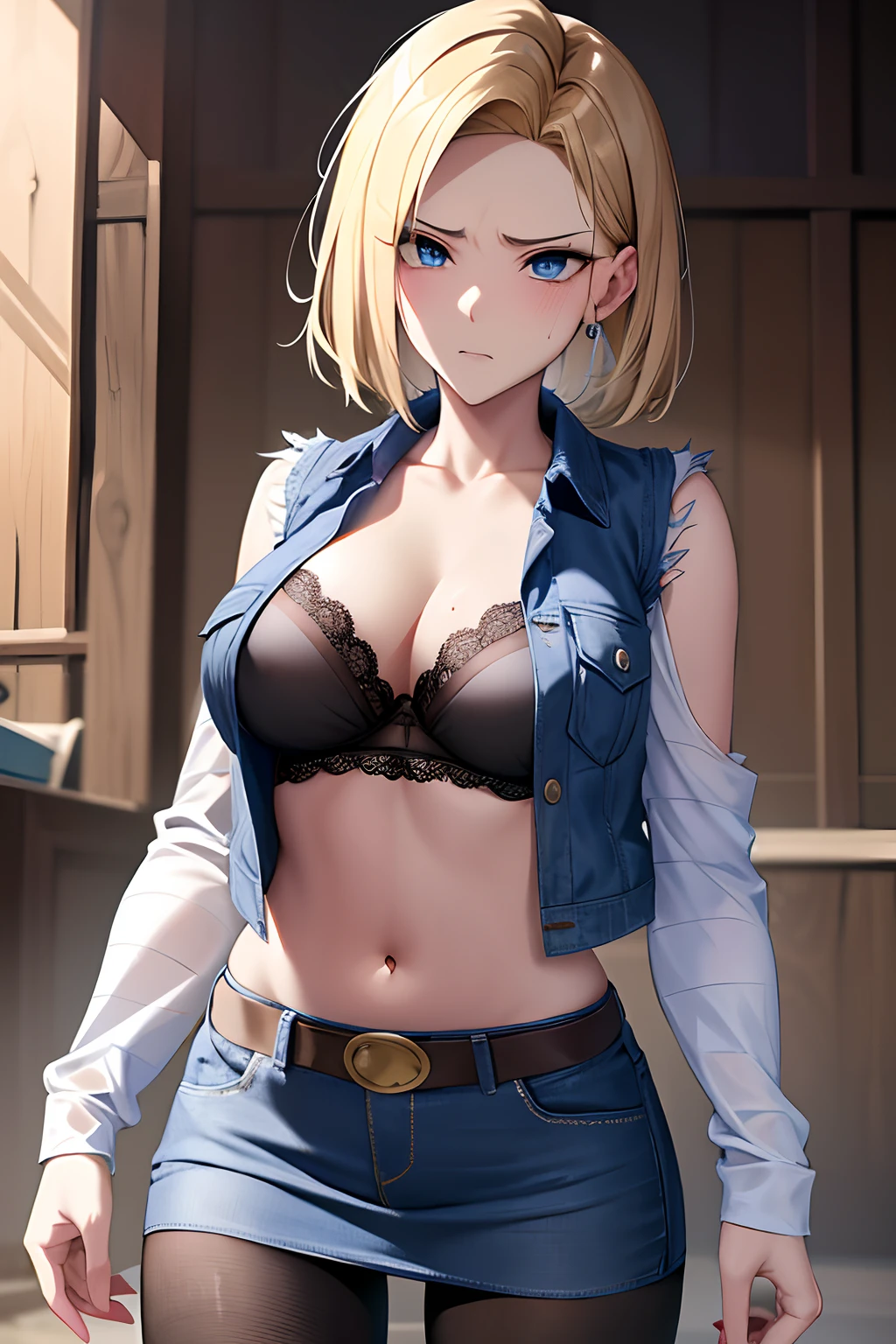 top-quality、hight resolution、and18、女の子 1 人、Android 18、独奏、blonde  hair、blue eyess、short-hair、耳Nipple Ring、jewely、Denim Vest、Open Best、Black pantyhose、Black shirt、Denim skirt、Striped long sleeves、a blue skirt、Bigchest, cowboy  shot, Street,、Torn clothing、Black Lace Bra、A frustrated look on his face、I'm about to cry、
