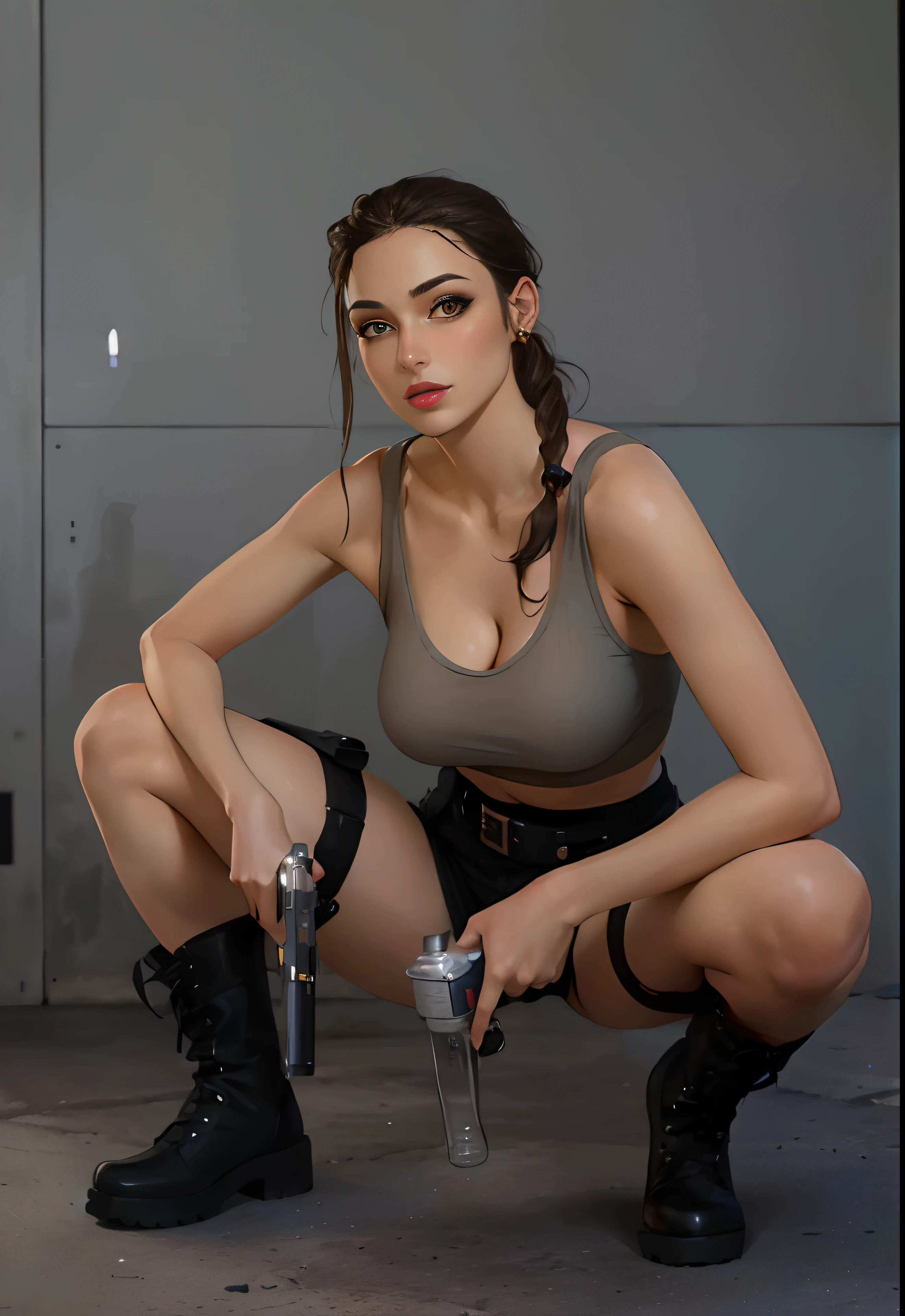 Arafed Mujer arrodillada con una pistola y una botella, Lara Croft, pose sexy, Outfit muy sexy, pose casual, Traje sexy, look sexy, Anna Nikolanova aka Newmilky, Lara Croft relajante, sonrisa sensual, sexy girl, joven hermosa amouranth, con rifle, pose muy sexy, cuerpo sexy, Silencioso de Metal Gear Solid