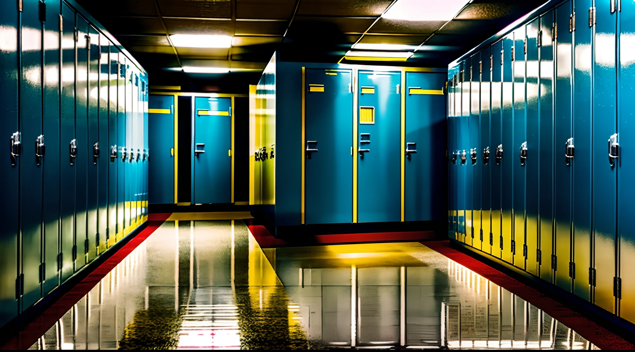 Locker squeaks - High school hallway POV moving with audio of sneakers squeaking and distant metallic locker slams.8K, hyperdetailliert, Photorealism – C 10 – AR 2:3