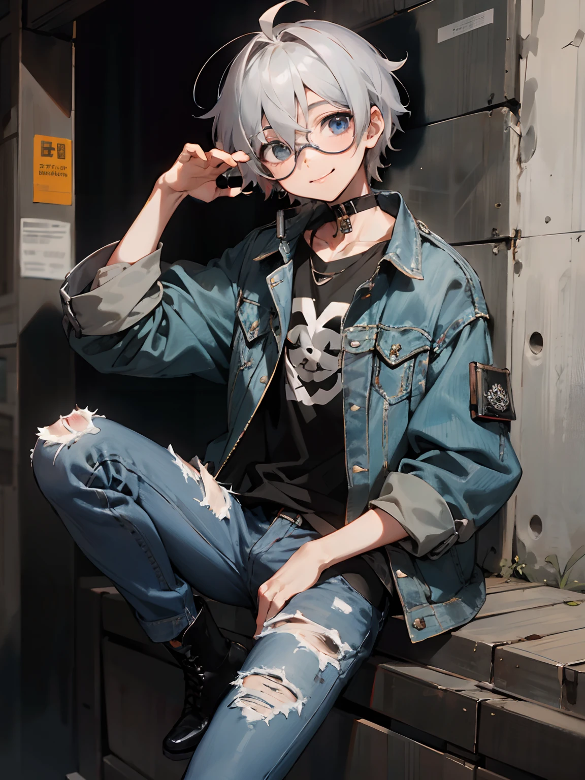 Male child, eye glasses,A smile, silber hair