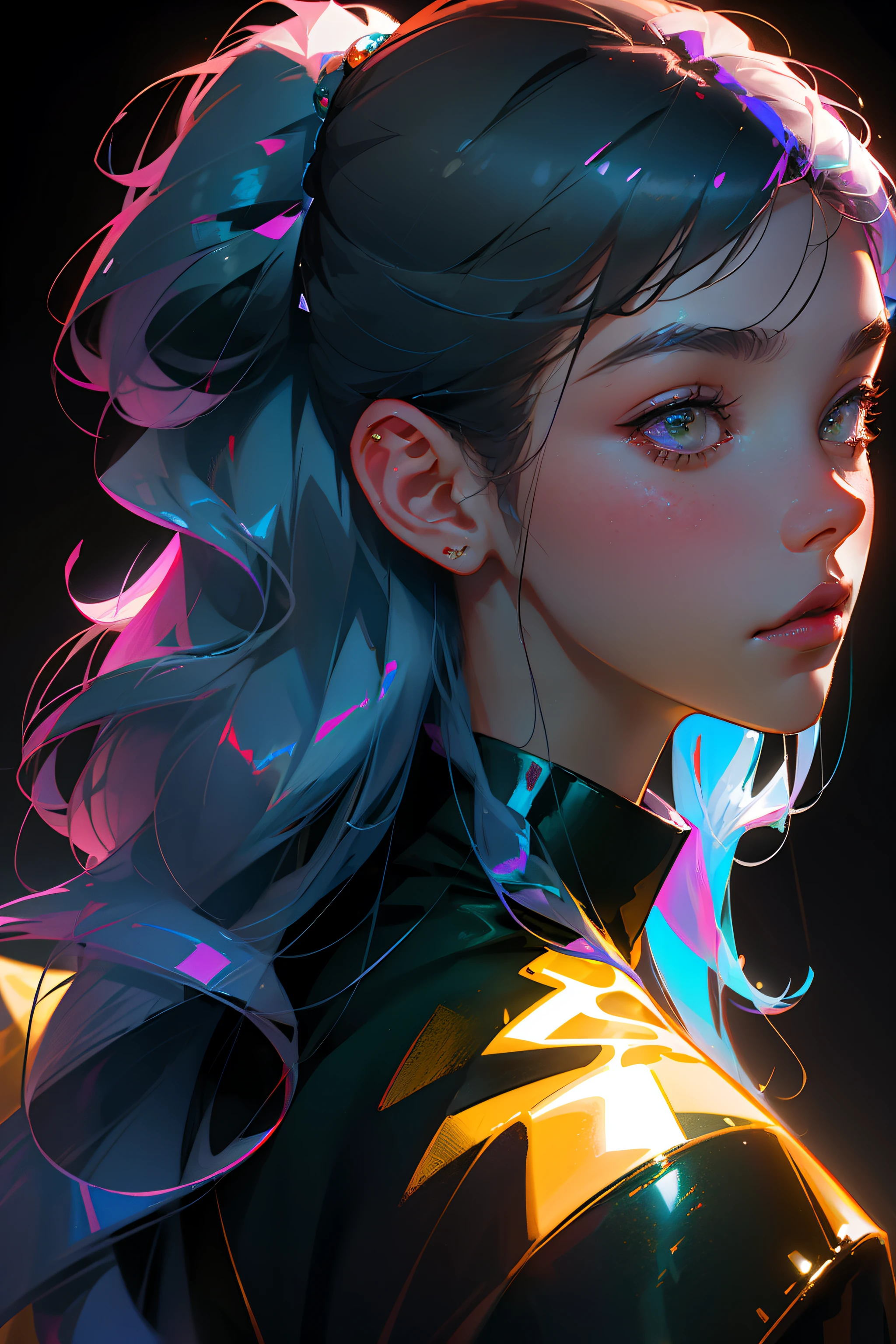 Highest quality,The perfect masterpiece,Perfect artwork,8K,
(Upper Body Portrait:1.5),(((Seen from behind:1.2))),close-up lens,Corpulent mature female smiling, yellow dark eyes,
Purple-hair,(hakuhatsu:1.3), braids hair, bun hair, long hair, bun hair,(Black background:1.3),
pearl illusion,elegant ,fashion trend,3s material,high-definition,detail representation,c4d,3D,octane rendering,ray tracing,complex details,animated lighting,OCrenderer,8k,
