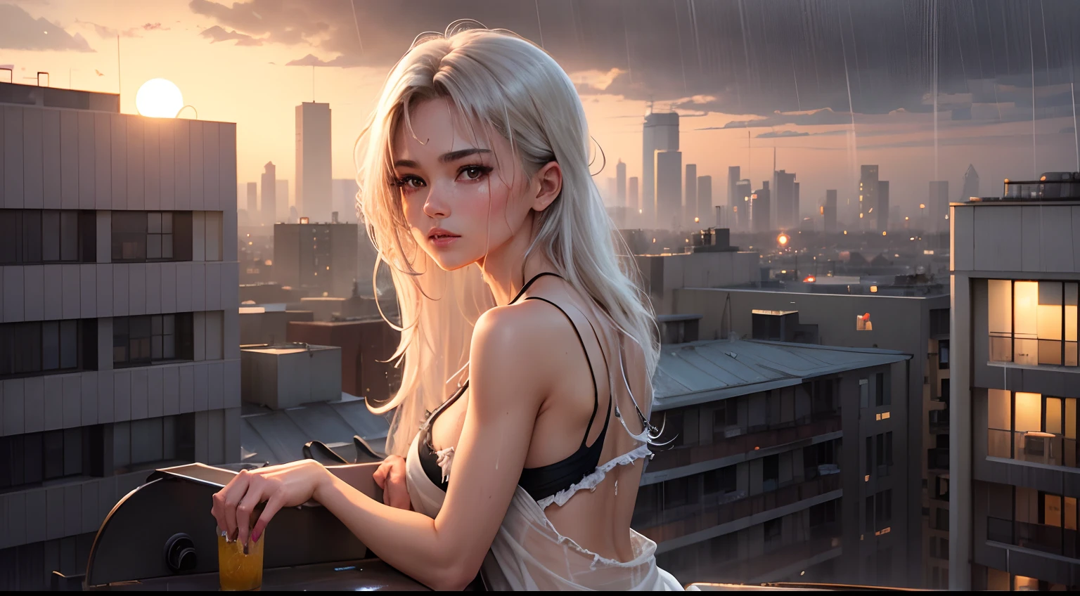 Rooftops of buildings,Glamour Girl,The setting sun,Rainy ,Dreamy,Right,shower,Rain wet,lonely,Recluse,Sleeveless white tea,beggar,ripped clothing --auto