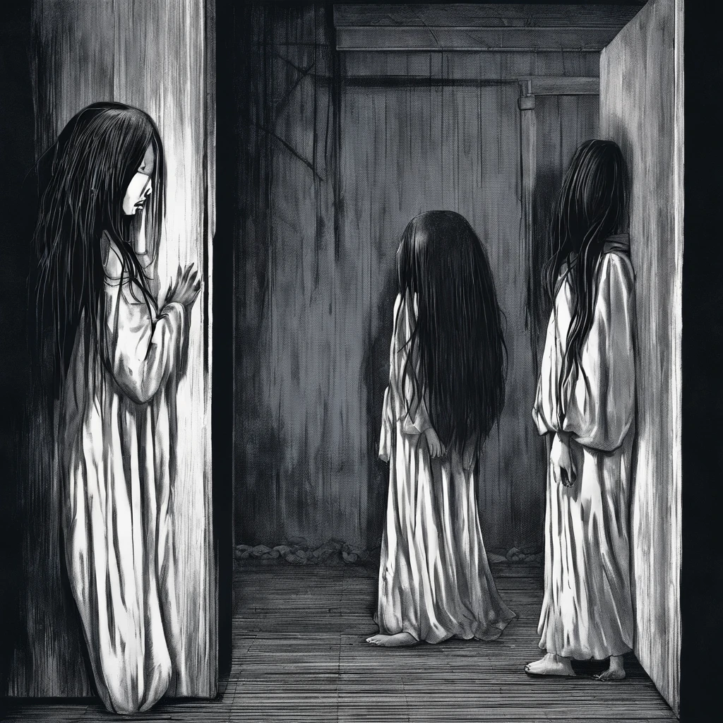 A group of Sadako bent their butts against the wall