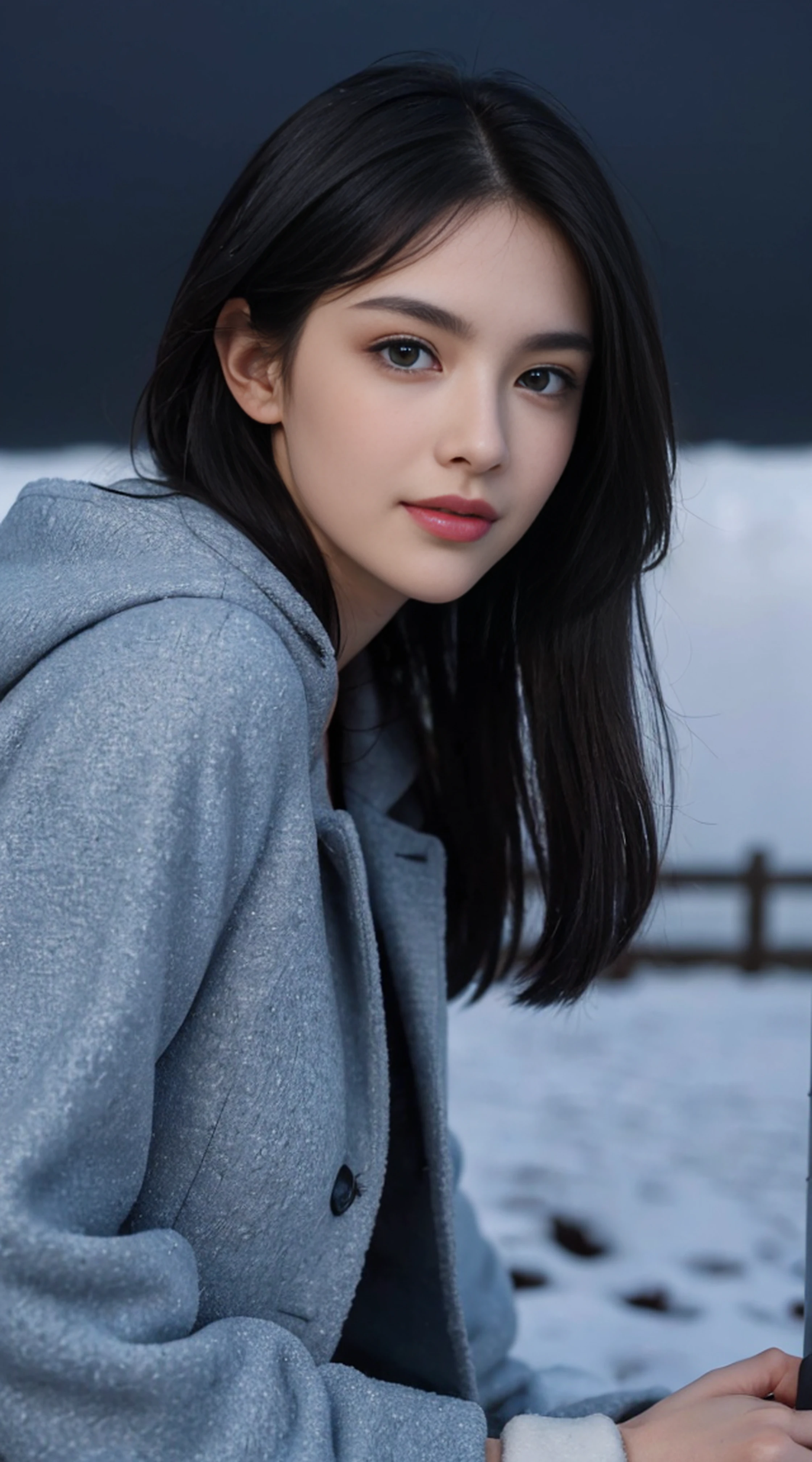 8K, Top Quality, Intricate Details, Ultra Detail, Ultra High Resolution, Masterpiece, random angle, Slender, Smile, (Makeup: 0.4), (Fluffy Blue Eyes: 1.21), blue Eyes, looking at viewer, ((full body)), 1girl, solo, 1 girl, (( full body)), close up shot, , ((tall)), (((fit body))), (((slim face))), sharp face, sharp eyes, (((black hair, long hair, )) , (detailed face), sharp face, small lips, holding pistol, handgun,
(( )), ((, coat, )), detailed face, detailed breast, , large breast, detail ass, , Beautiful girl with accentuated slender abs: 1.4, Six Pack Abs: 1.4, Bust Botox, Big, Perfect Body, detail leg, (( moonlight)), in the snow