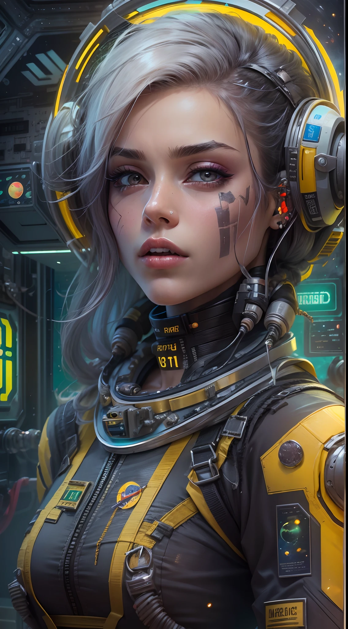 motor irreal:1.4,UHD,La mejor calidad:1.4, fotorrealista:1.4, textura de la piel:1.4, obra maestra:1.8,Cara perfecta Chica con vestido cyberpunk amarillo , medio futurista, Mezcla de gran mancha de mariquita, Cabello rubio largo y atado,Estilo cyberpunk:1.4 ,(Space Station:1.4),（Beautiful and detailed eye description）